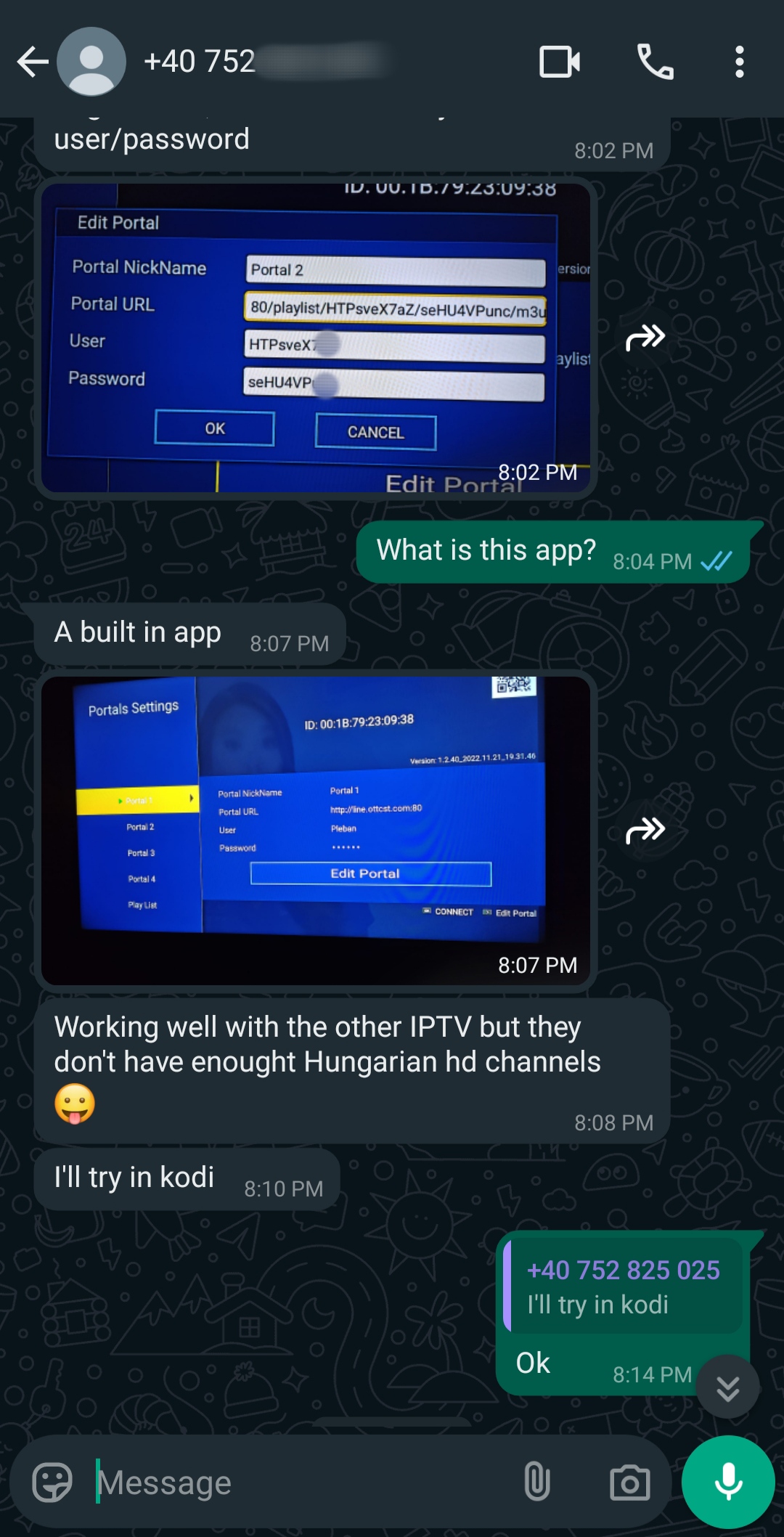 A WhatsApp chat about IPTV apps, showing screenshots of portal settings, a discussion on Hungarian HD channels, and a phone number being shared—plus recommendations for Nordic IPTV services.