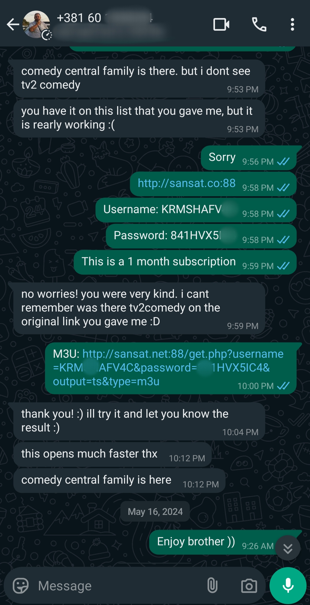 A WhatsApp chat shows a user receiving Nordic IPTV login details and an M3U link for TV channels. The user confirms improved access to Comedy Central Family, and the conversation ends with Enjoy brother :)).