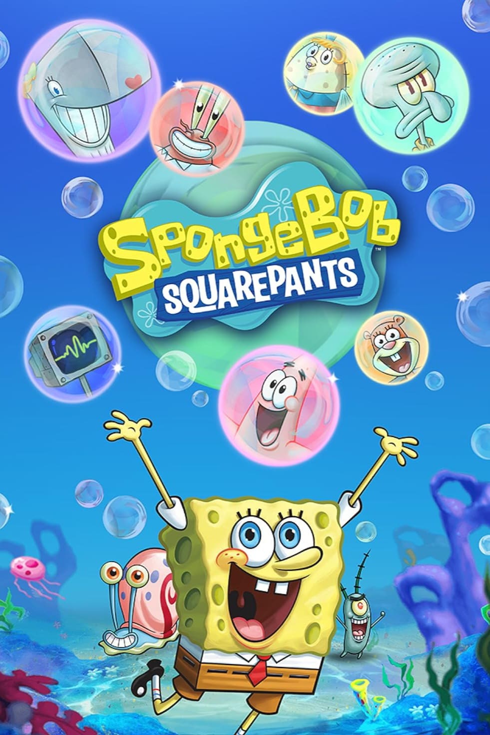 SpongeBob SquarePants jumps joyfully underwater, surrounded by bubbles featuring characters like Patrick, Squidward, Mr. Krabs, Sandy, Plankton, Gary the snail, and Pearl. The show’s logo appears in the center—just like you’d find on your favorite Nordic IPTV channel.