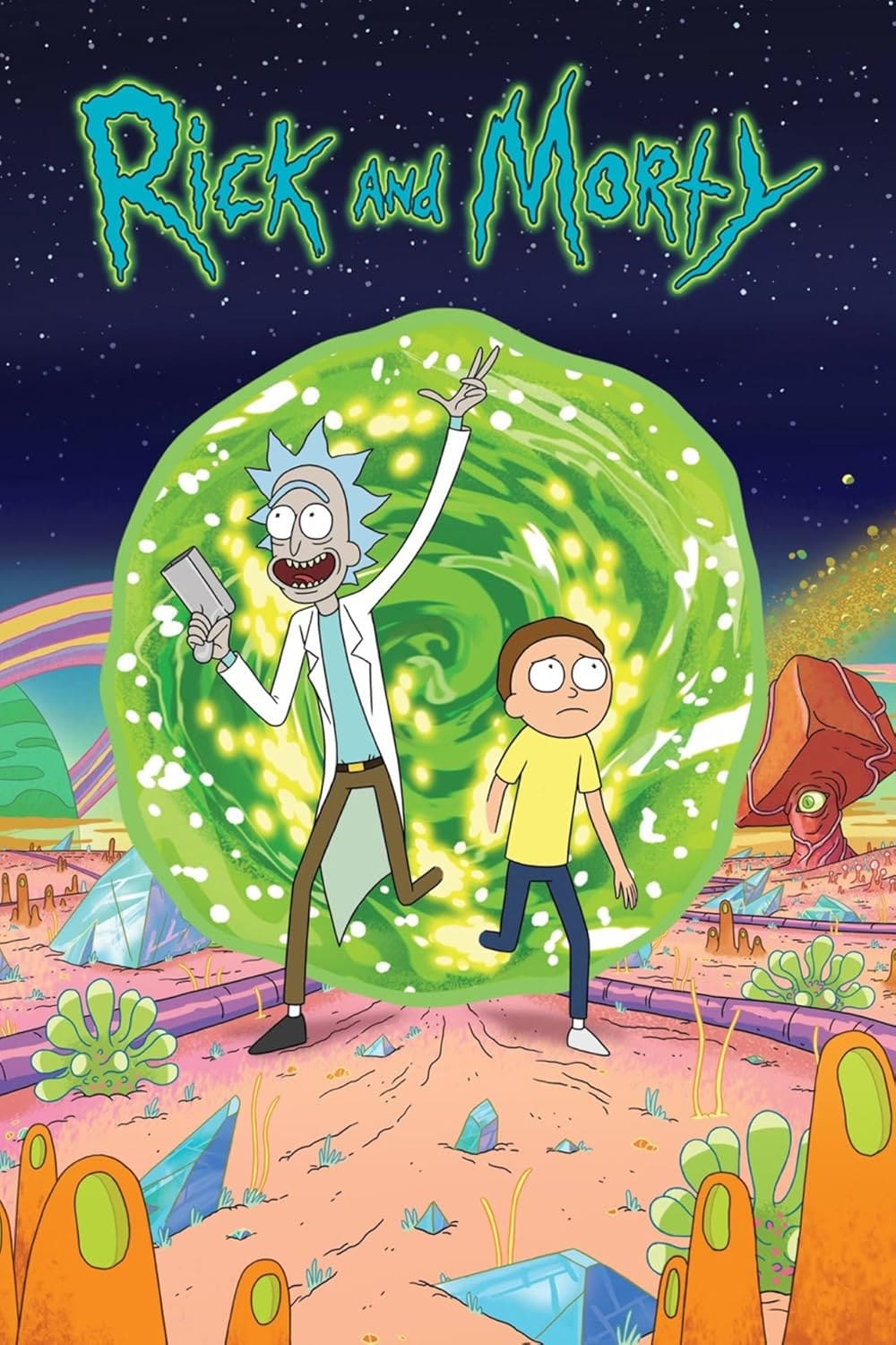 Animated characters Rick and Morty stand in front of a glowing green portal on an alien landscape, with Rick holding a portal gun. The show’s title is above them in green letters, as if they’re about to tune into a wild adventure on Nordic IPTV.