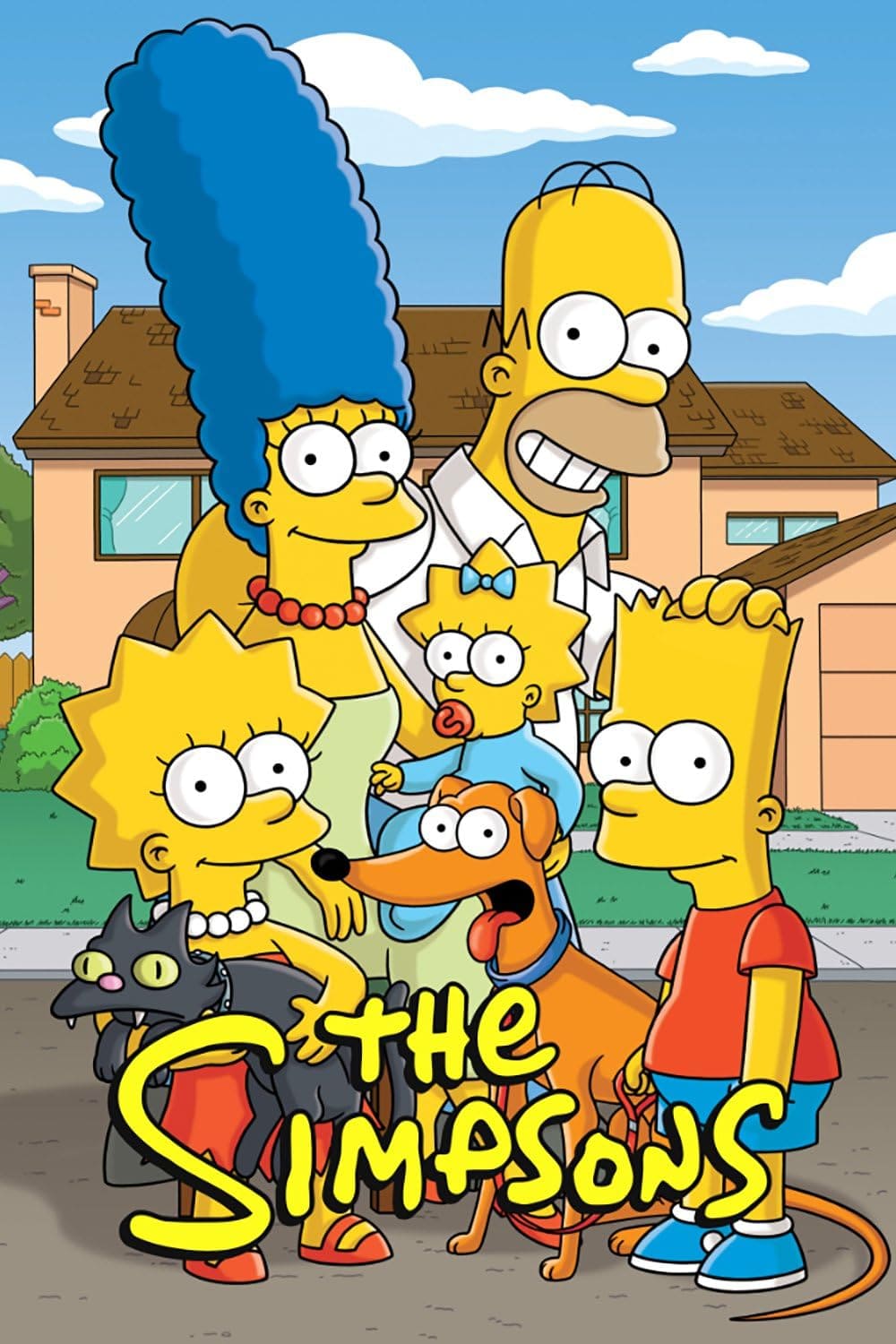 The Simpsons family poses outside their house, with Marge, Homer, Lisa, Maggie, and Bart, along with their black cat and brown dog. The show’s title is written in yellow at the bottom—just like you’d see on Nordic IPTV streaming services.