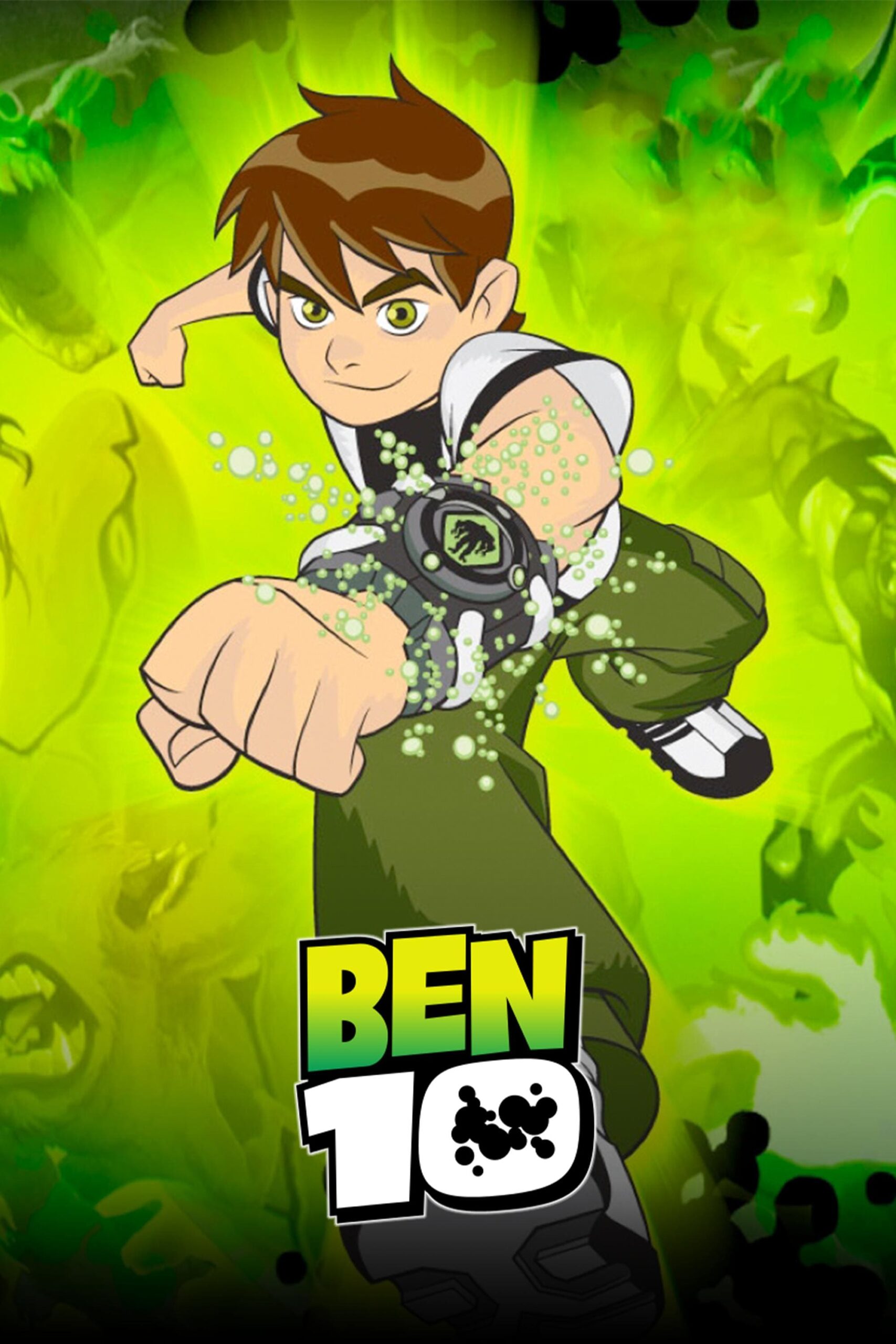 Animated boy with brown hair wearing a futuristic watch, punching forward with green energy swirling around him—just like streaming your favorite shows on Nordic IPTV. Ben 10 logo appears at the bottom. Green, glowing background with monster-like shapes.