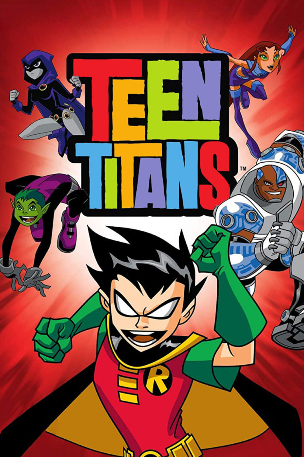 Animated Teen Titans characters Robin, Starfire, Raven, Beast Boy, and Cyborg pose dynamically around a colorful Teen Titans logo on a red, glowing background—capturing the vibrant energy fans can now enjoy through Nordic IPTV.