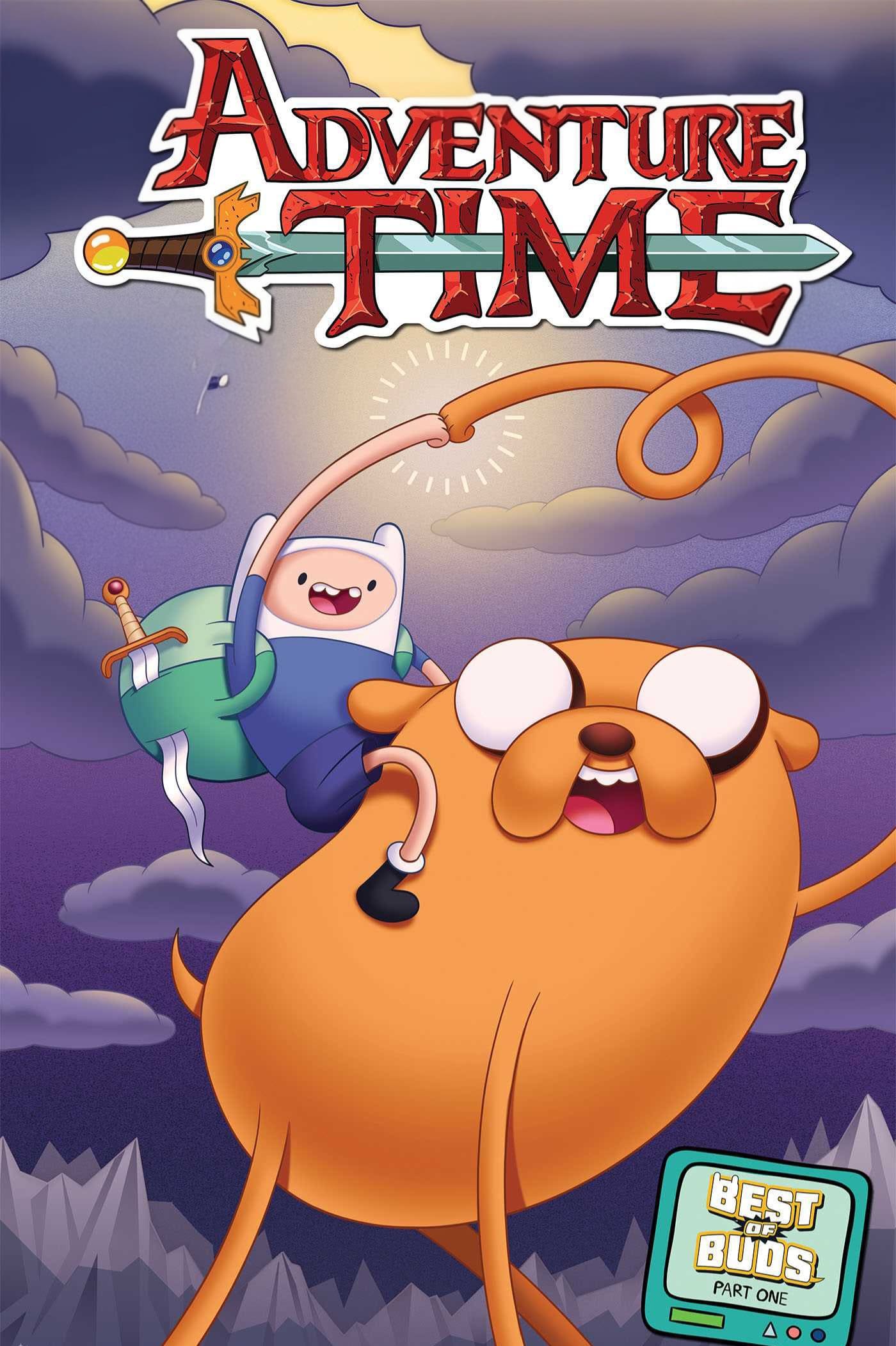 Finn with a sword rides Jake, who is stretching his limbs, through a purple mountain landscape while streaming their adventures on Nordic IPTV. The Adventure Time logo is above them, and a Best Buds Part One badge is in the bottom right corner.