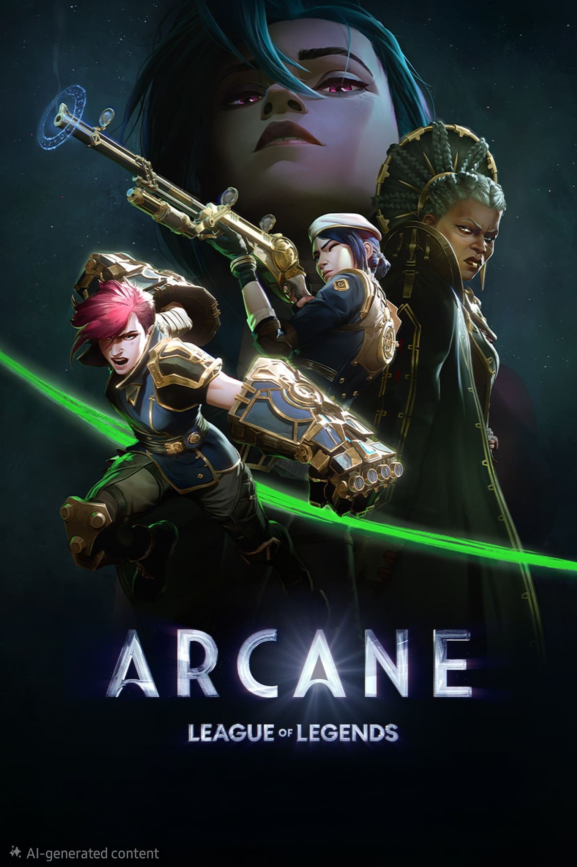 Poster for Arcane: League of Legends featuring four stylized characters in dramatic poses, with neon lighting and a dark, cosmic background. The title appears at the bottom, creating an electrifying atmosphere reminiscent of Nordic IPTV visual aesthetics.