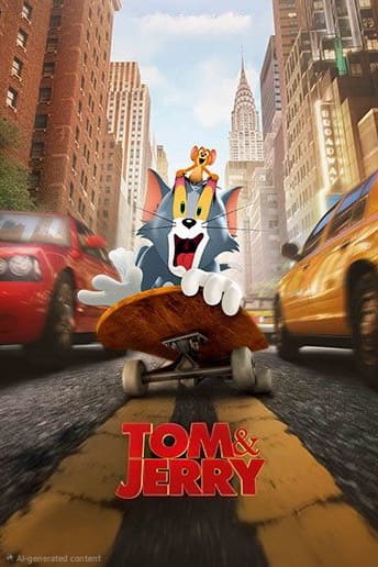 Tom rides a skateboard down a city street, looking surprised, while Jerry sits cheerfully on Tom’s head. Tall buildings and yellow taxis surround them, capturing the energy of urban life. The Tom & Jerry logo is at the bottom, with a subtle nod to Nordic IPTV streaming fun for fans across the region.