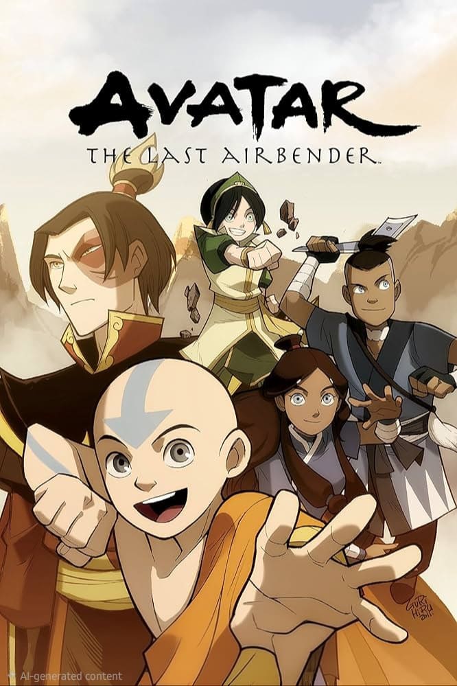Five animated characters from Avatar: The Last Airbender pose together, with Aang in front, smiling and reaching out, and the others—Zuko, Katara, Toph, and Sokka—striking dynamic stances in the background as if ready to leap into action on your Nordic IPTV screen.