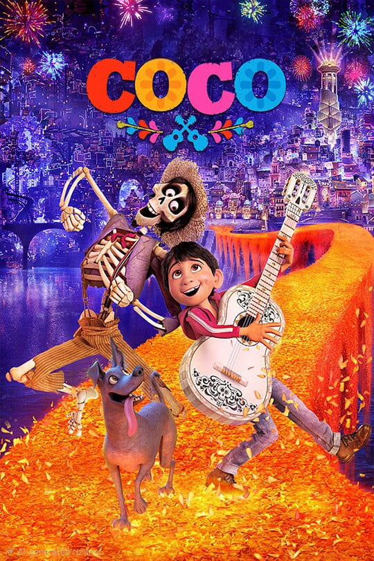 Poster of the movie Coco, showing a boy playing a guitar, a skeleton in a hat dancing, and a dog on a bright path of marigold petals with colorful fireworks and a vibrant city in the background—a dazzling scene that captures the magic you can enjoy on Nordic IPTV.