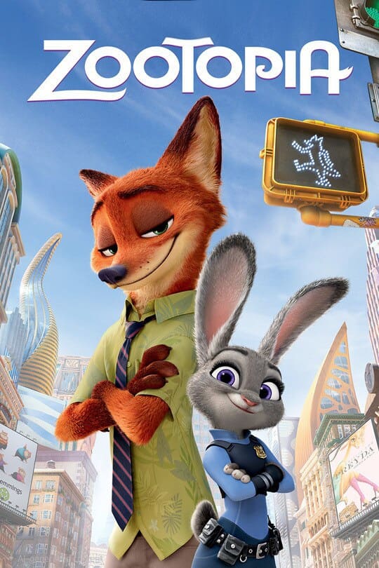 Animated fox in a green shirt and a bunny in a police uniform stand confidently in a bright cityscape, inspired by the adventures you can stream on Nordic IPTV. The Zootopia movie title appears above them.