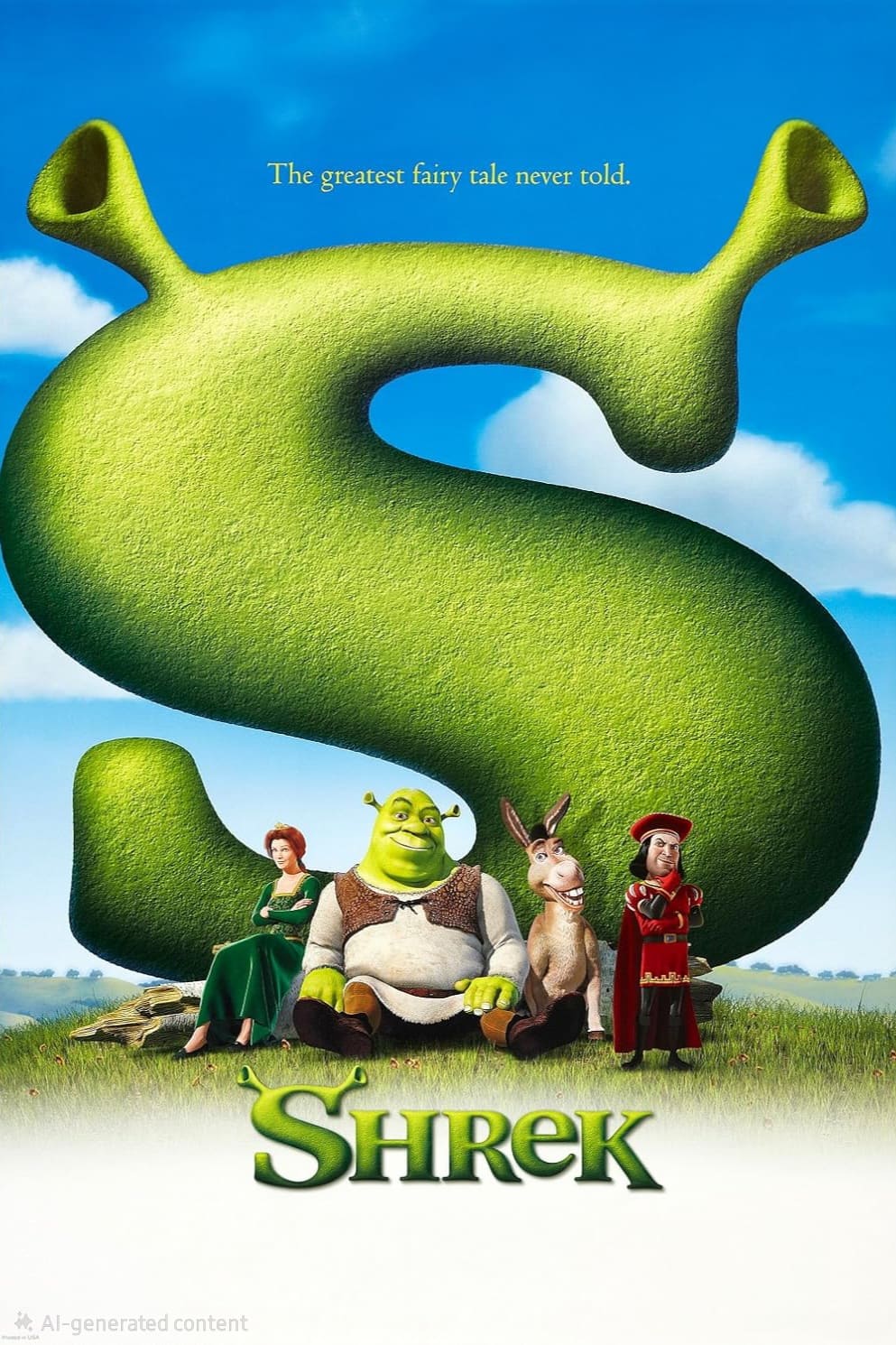 Shrek, Fiona, Donkey, and Lord Farquaad sit under a giant green S on a grassy field, with the words The greatest fairy tale never told above. The logo Shrek appears at the bottom, bringing a touch of magic to your Nordic IPTV experience.