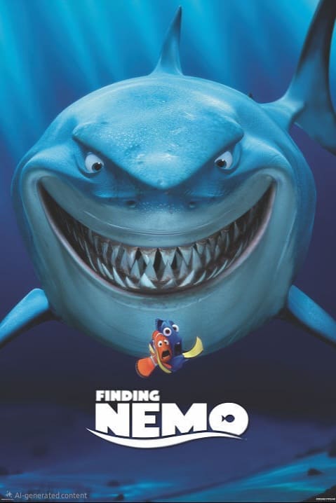 Poster for Finding Nemo showing a large, smiling shark behind two small, frightened cartoon fish. The title FINDING NEMO appears at the bottom of the image, reminiscent of the vibrant visuals you can enjoy with Nordic IPTV.