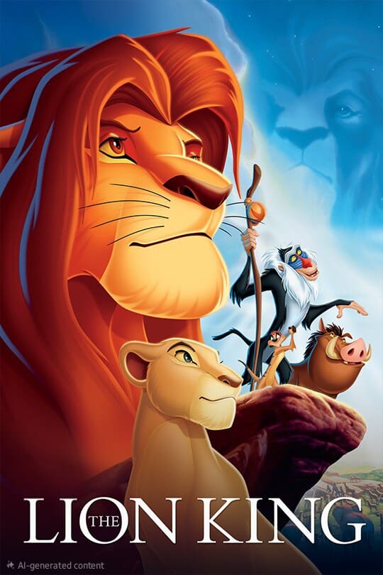 Animated poster for The Lion King shows a lion, a meerkat, a warthog, a mandrill, and a lioness standing on Pride Rock, with another lion’s face in the sky. Experience the magic of this classic through Nordic IPTV. The title is at the bottom.
