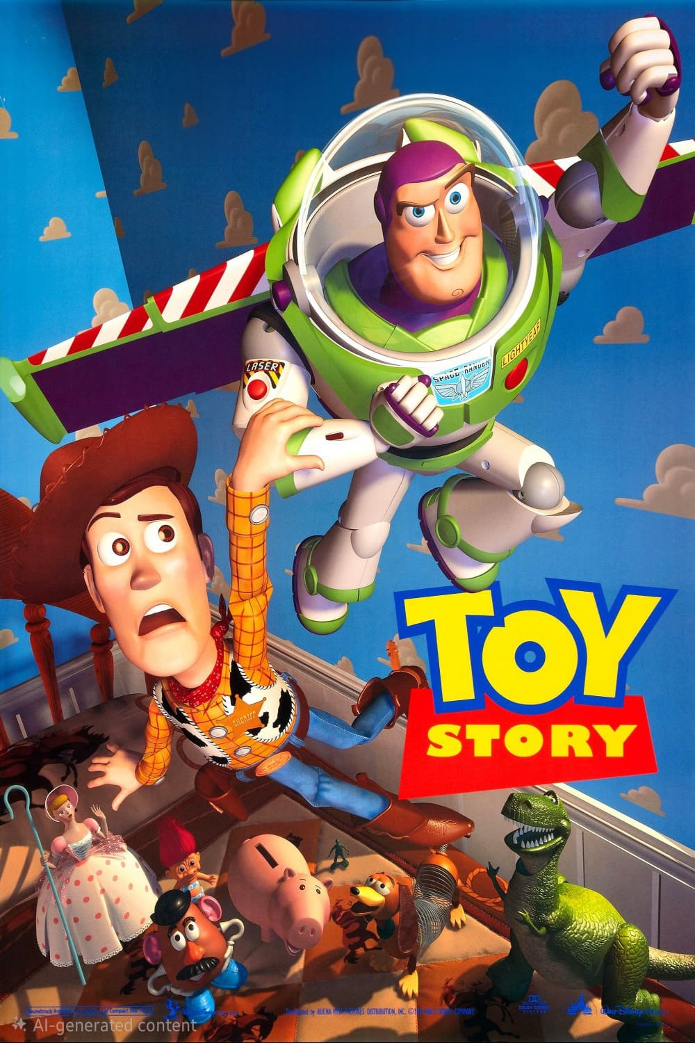 Woody and Buzz Lightyear leap in the air, surrounded by other toy characters, against a blue sky with clouds—with the Toy Story logo in bold yellow and blue letters. Experience this iconic adventure like never before on Nordic IPTV.