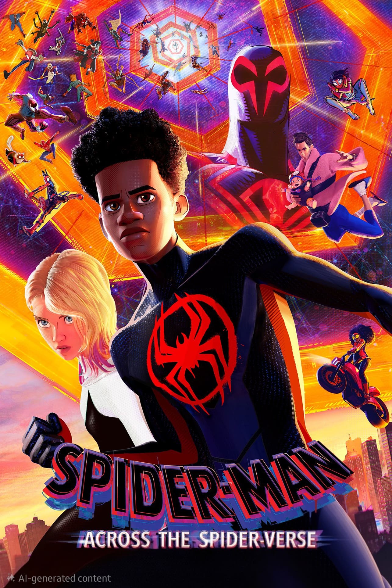 Animated poster for Spider-Man: Across the Spider-Verse featuring multiple Spider-People, including Miles Morales and Gwen Stacy, against a colorful, multidimensional background—perfect for fans streaming the latest adventures on Nordic IPTV.