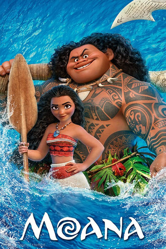 Animated characters Moana and Maui stand together in the ocean, with Moana holding an oar and Maui smiling behind her. The blue water splashes around them, capturing a vibrant scene that can be enjoyed on Nordic IPTV. “Moana” is written at the bottom.