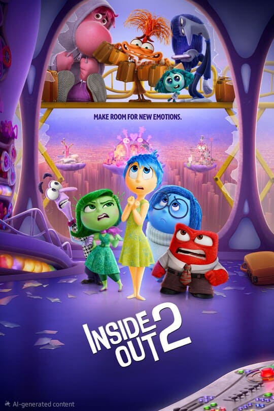Poster for Inside Out 2 showing animated characters Joy, Sadness, Anger, Fear, and Disgust, with new emotion characters above them. The tagline reads, Make room for new emotions. Stream this movie and more on Nordic IPTV.