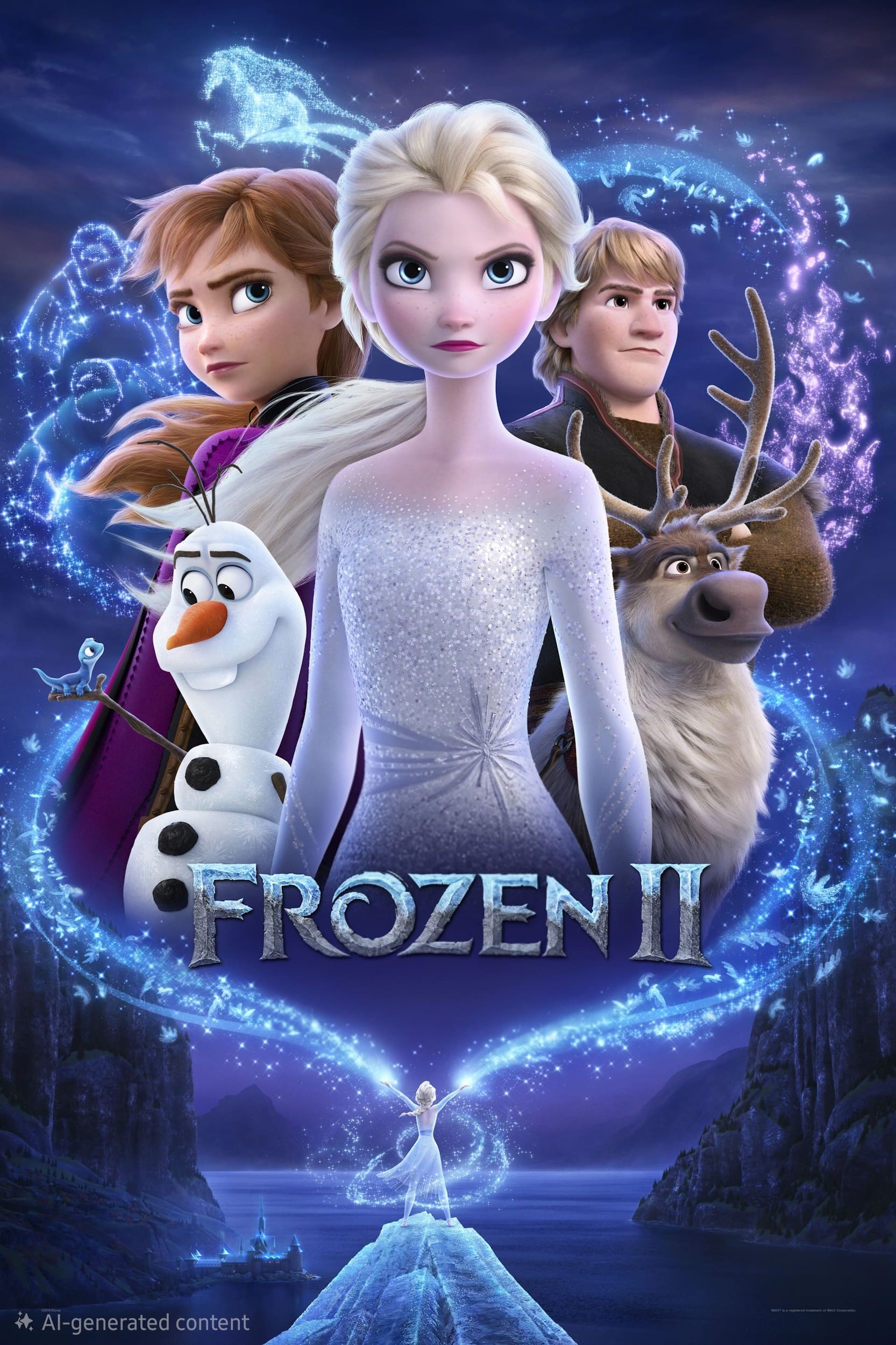 Poster for Frozen II featuring four main animated characters, a reindeer, and magical blue swirls. Inspired by Nordic IPTV visuals, the title Frozen II appears at the bottom, with a character standing on ice below.