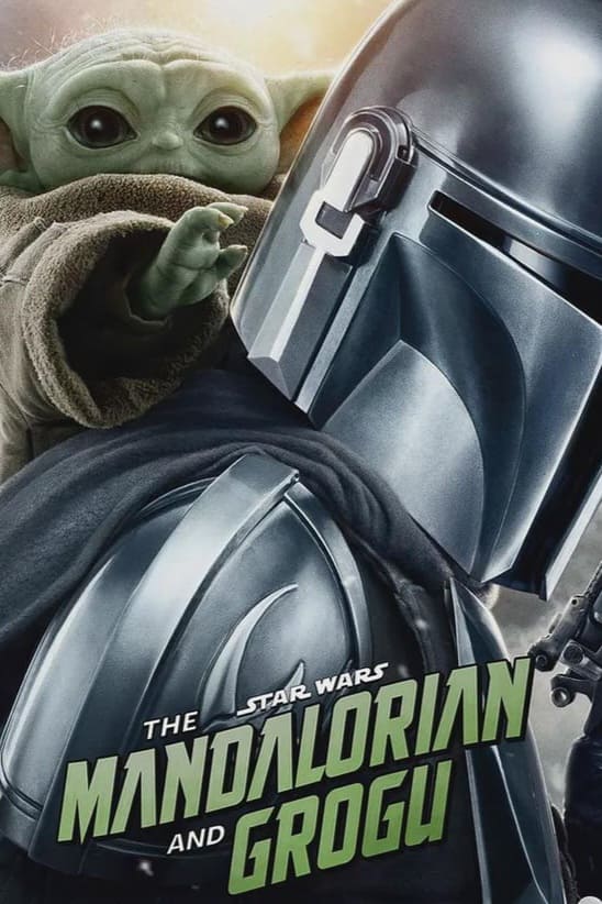 Poster for The Mandalorian and Grogu shows Grogu peeking over the shoulder of the Mandalorian, who is wearing his helmet and armor, with the title in bold green letters at the bottom—perfect for fans streaming via Nordic IPTV.