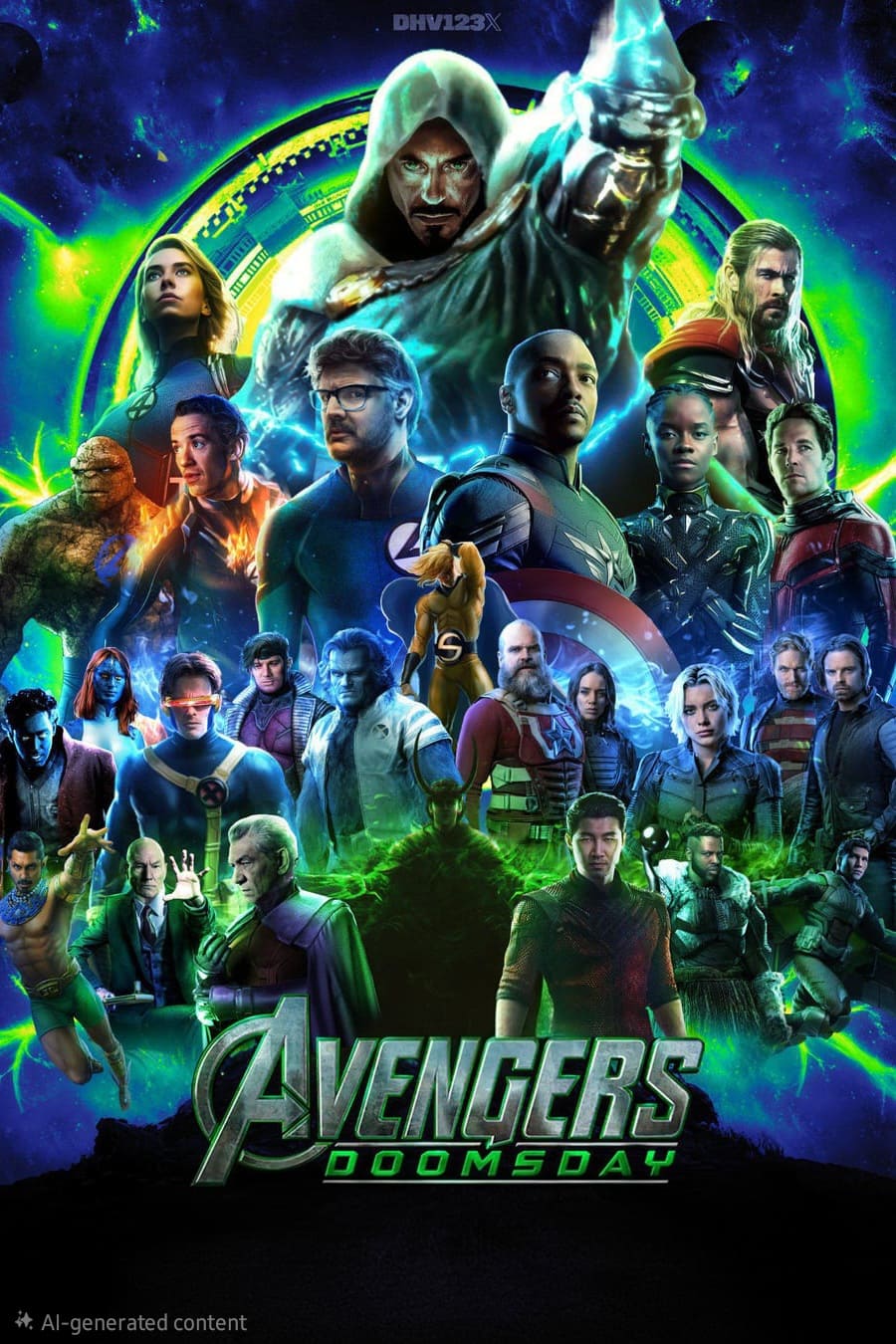 A group of Marvel superheroes and villains, including Hulk, Thor, Captain America, and others, stand together with a green cosmic background reminiscent of Nordic IPTV’s vibrant streams, with the text Avengers Doomsday at the bottom.