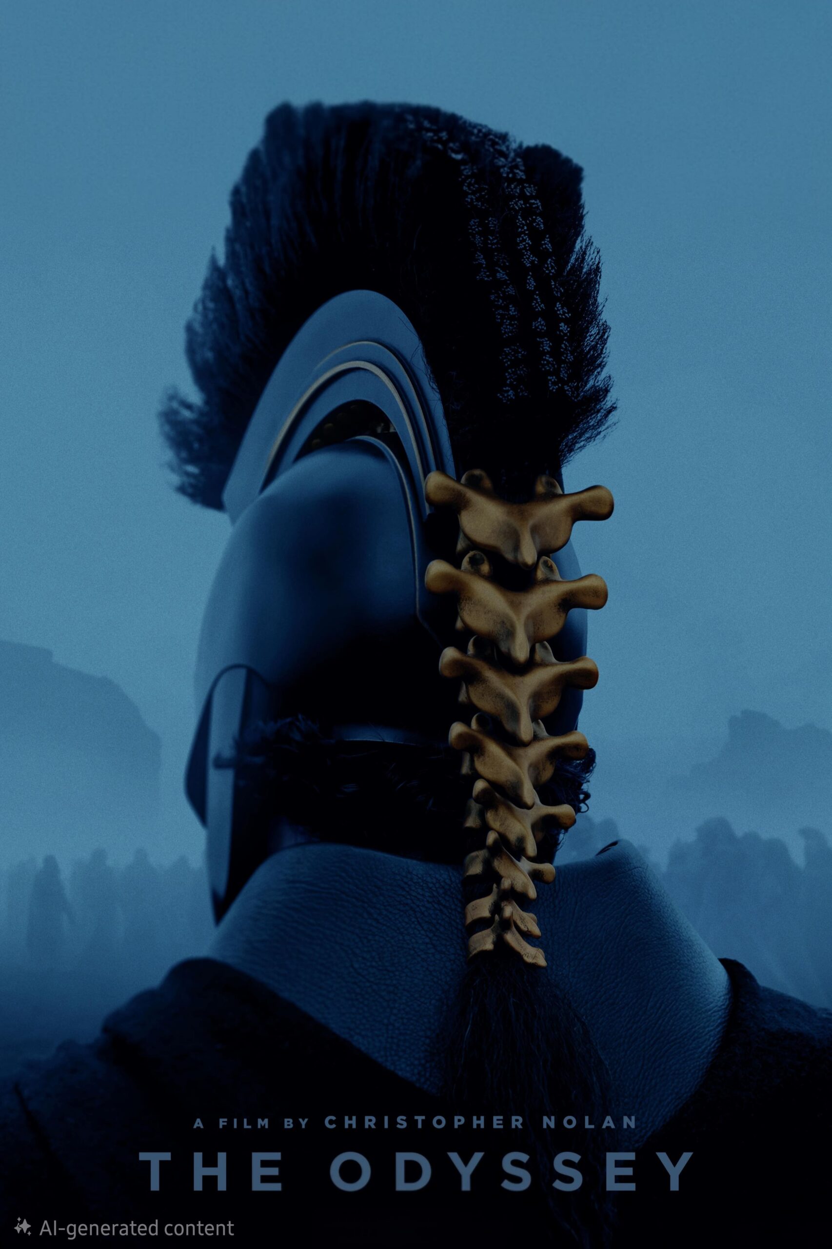 A person in a dark helmet with a crest stands facing away. Vertebrae are woven into the crest. Foggy, shadowy figures appear in the blue-toned background, evoking an air of mystery reminiscent of Nordic IPTV’s enigmatic visuals. Text reads: A film by Christopher Nolan. The Odyssey.