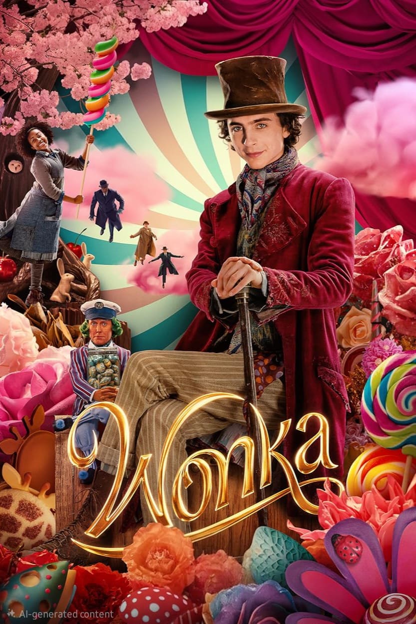 A man in a purple coat and top hat stands among colorful candies and sweets, with whimsical backgrounds, other characters, and a hint of Nordic IPTV magic in the air. The word Wonka is written in gold at the bottom.