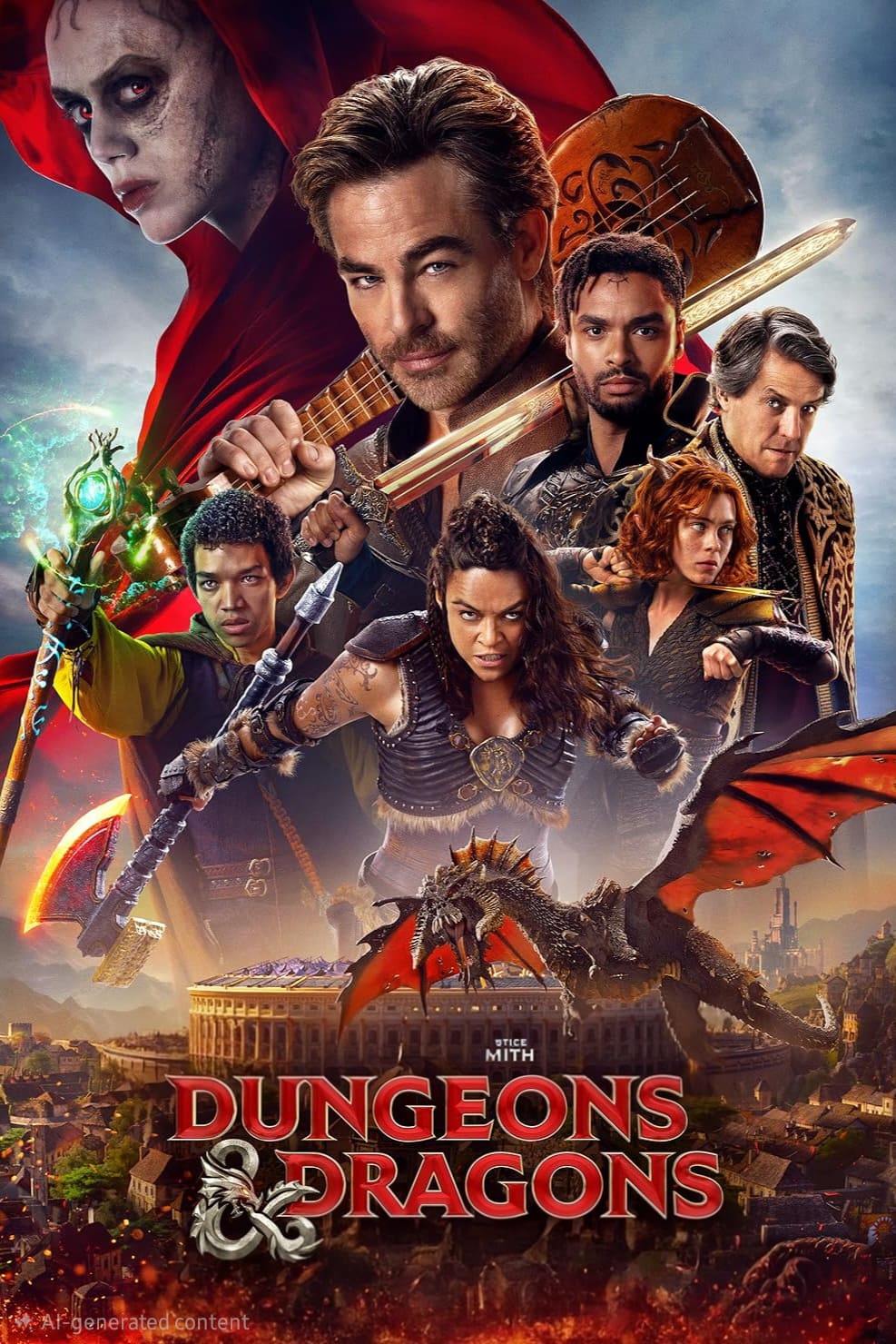 Movie poster for Dungeons & Dragons: Honor Among Thieves featuring six main characters in action poses, a red-cloaked figure in the background, a dragon, and a fantasy cityscape—perfectly suited for adventurous movie nights streamed via Nordic IPTV.