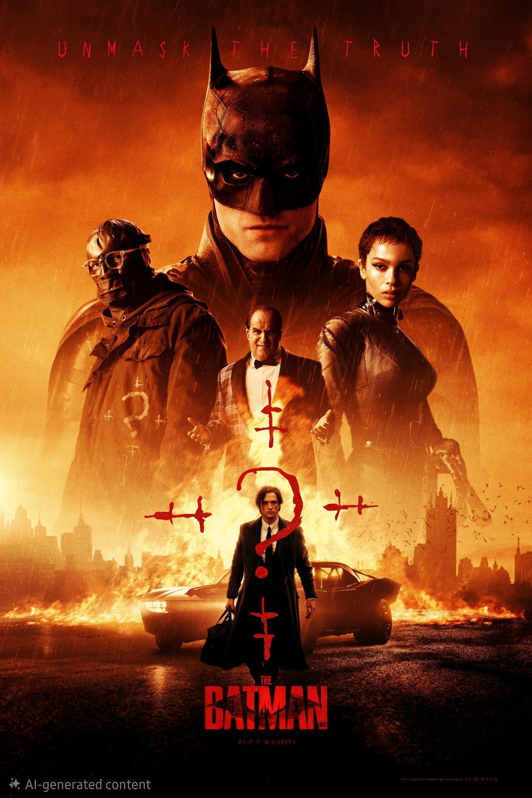 Movie poster for The Batman; Batman stands front and center with key characters behind him, a red sky, a shadowy car, and a mysterious figure below surrounded by red question marks. Stream this cinematic masterpiece on Nordic IPTV. Text reads: Unmask the Truth and The Batman.