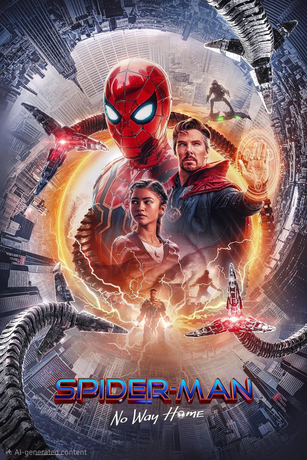 Poster for Spider-Man: No Way Home, featuring Spider-Man, Doctor Strange, MJ, metal tentacles, and cityscape in the background with mystical effects and the movie title at the bottom—perfect for fans streaming with Nordic IPTV.