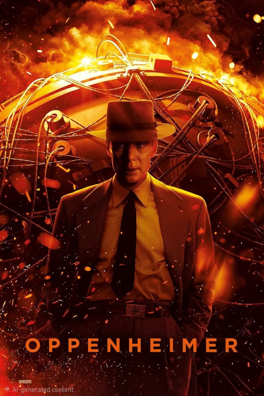 A man in a suit and fedora stands in front of a fiery, glowing atomic bomb, with wires and sparks around him as if channeling the energy of modern technology. The word OPPENHEIMER appears at the bottom of the image, evoking a cinematic intensity reminiscent of Nordic IPTV thrillers.