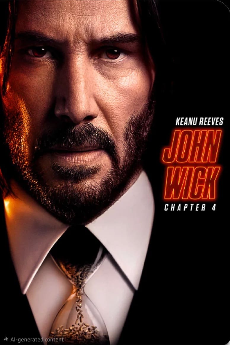 Close-up of a man in a suit and tie with long hair and a beard. Text reads: Keanu Reeves John Wick Chapter 4. The man looks serious, with dramatic lighting on his face, as if ready for action on Nordic IPTV.