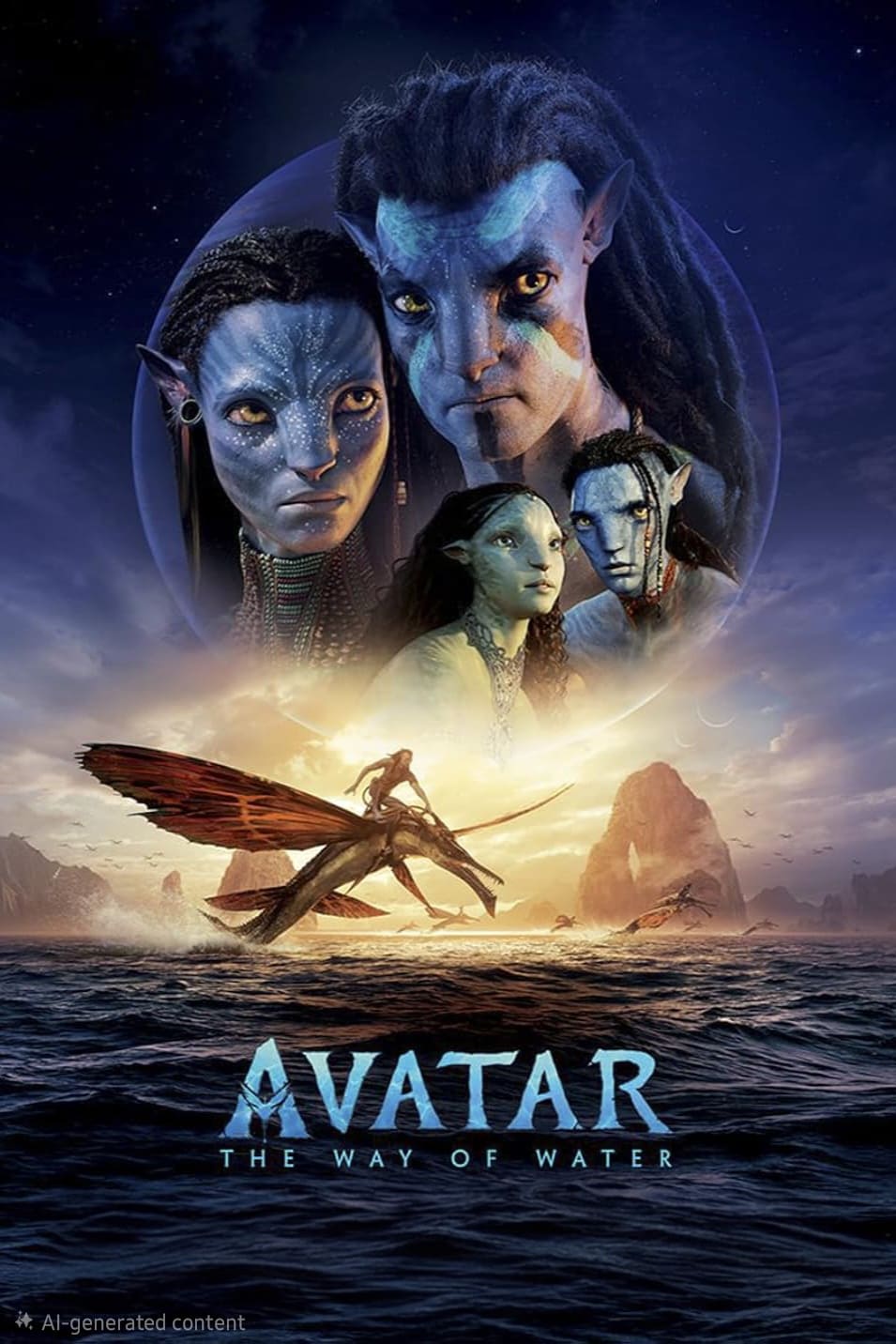 Poster for Avatar: The Way of Water featuring four blue-skinned Navi characters above a figure riding a flying creature over the ocean, with islands and a dramatic sky in the background—an epic scene reminiscent of immersive experiences found on Nordic IPTV.