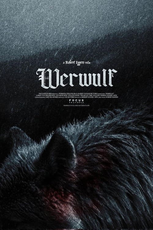 Dark poster featuring the head and fur of a wolf in the foreground. The word Werwulf is written in large, gothic white letters at the top, evoking a chilling Nordic IPTV aesthetic, with movie credits in small text below.