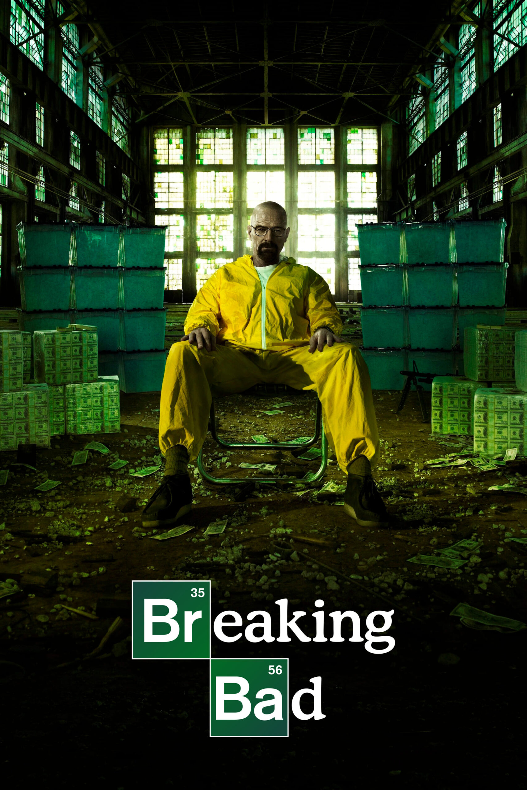 A man in a yellow hazmat suit sits in a warehouse surrounded by stacks of money, evoking the intense atmosphere of Breaking Bad. The words “Breaking Bad” appear at the bottom of the image, with Nordic IPTV offering fans a new way to stream every dramatic moment.