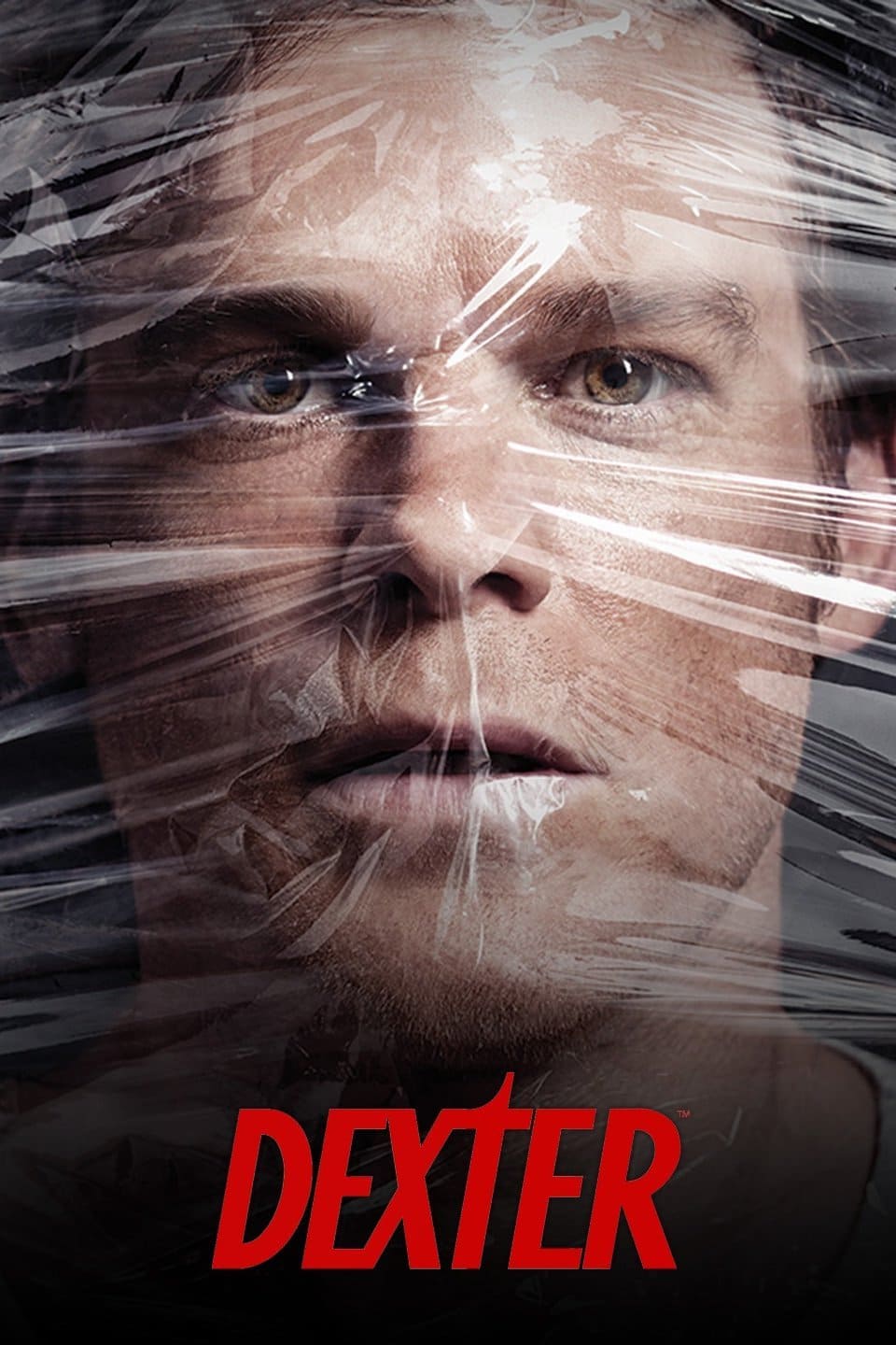 A man’s face is tightly wrapped in clear plastic wrap, appearing distressed. The word DEXTER in bold red letters is at the bottom, with a subtle nod to Nordic IPTV lurking in the background, hinting at a modern twist on suspense.