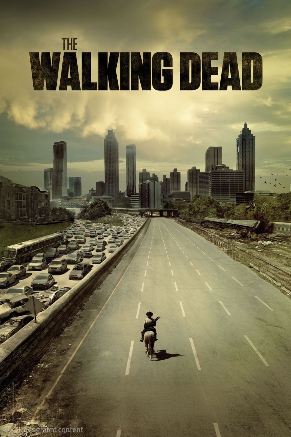 A lone person on horseback rides down an empty highway toward a city skyline, while the opposite lanes are packed with abandoned cars. The Walking Dead title is at the top against a dramatic cloudy sky, evoking the suspense and cinematic quality you can experience when streaming on Nordic IPTV.