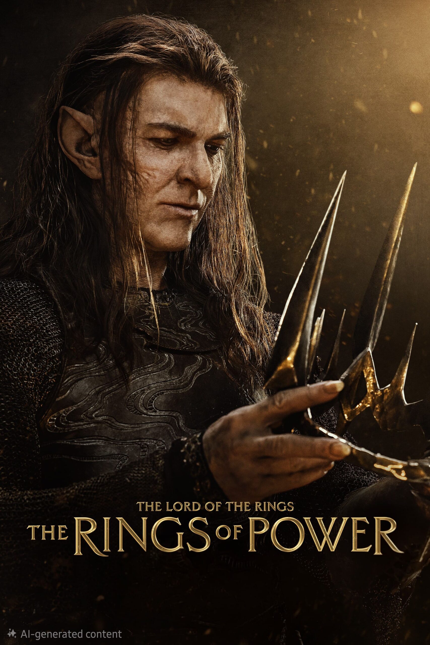 A character with long dark hair and pointed ears examines a spiked metal object, illuminated by a dramatic, golden lighting effect. Text at the bottom reads The Lord of the Rings: The Rings of Power. Inspired by epic storytelling found on Nordic IPTV, the scene evokes mystery and grandeur.