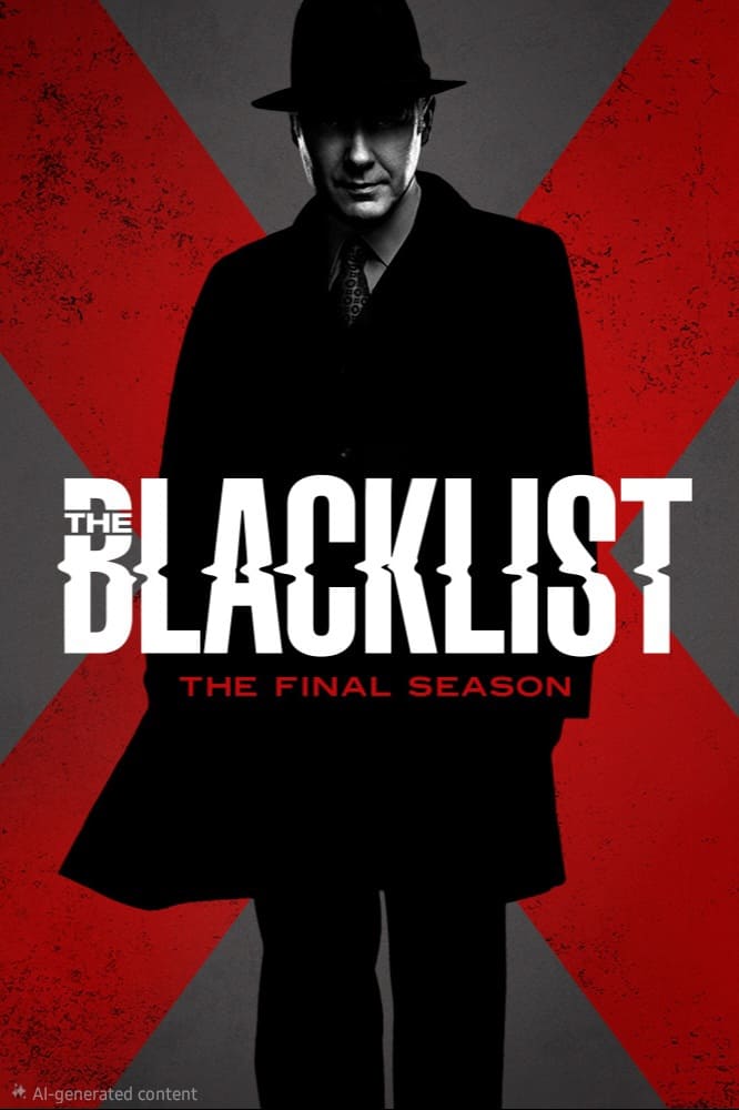 A shadowed man in a hat and coat stands in front of a large red X, evoking the intrigue of The Blacklist. The text reads: The Blacklist. The Final Season, now available on Nordic IPTV. The background is gray and red.