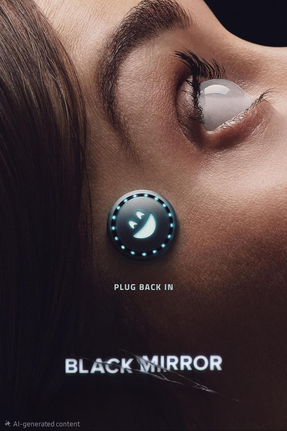 A close-up of a person’s face with a glowing digital smiley face embedded near their ear. Text reads Plug Back In and Black Mirror. The image has a futuristic, tech-themed aesthetic, reminiscent of the seamless digital experiences promised by Nordic IPTV.