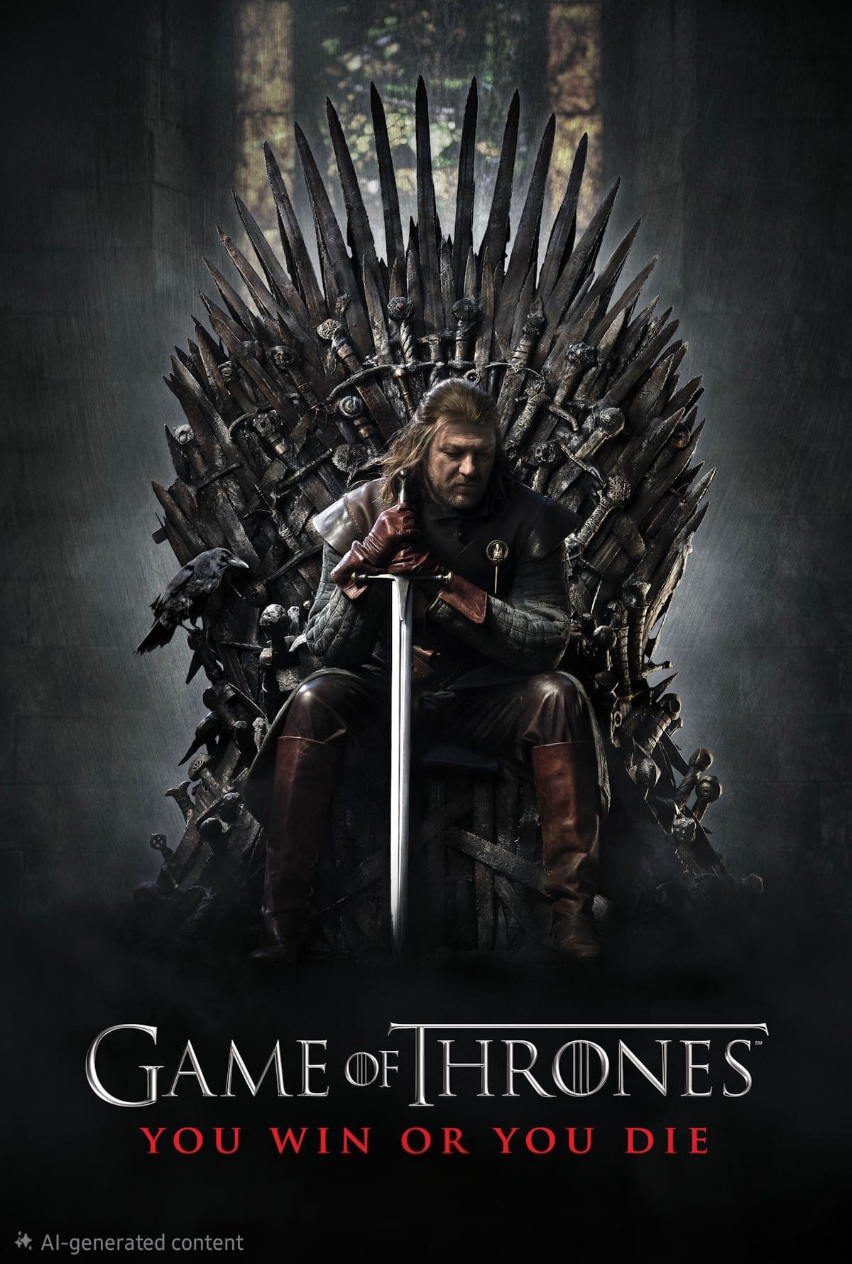 A man sits on an iron throne made of swords, holding a large sword. The background is dark and dramatic, evoking the intense atmosphere of Game of Thrones. Text reads, “Game of Thrones. You win or you die.” Stream epic moments like these with Nordic IPTV.