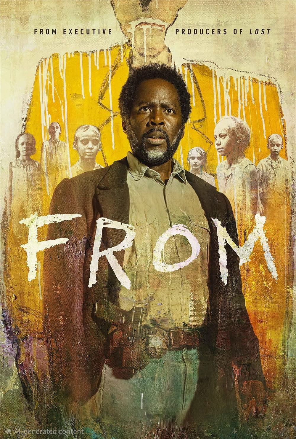A man stands tensely in front of eerie, ghostly figures with FROM written across the image. The background is yellow with haunting faces and the text FROM EXECUTIVE PRODUCERS OF LOST at the top, hinting at a chilling experience you won’t want to miss on Nordic IPTV.