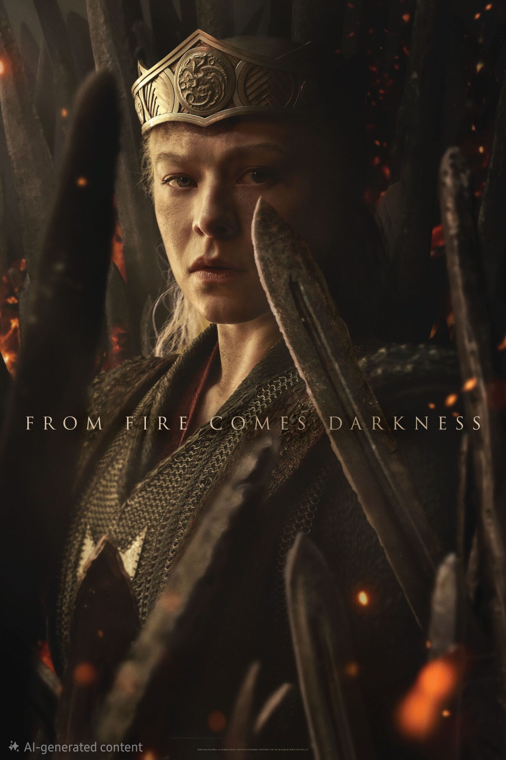 A woman in a crown sits on a throne made of swords, surrounded by embers, with the words From Fire Comes Darkness across the image—an intense scene reminiscent of epic sagas, now streaming on Nordic IPTV.