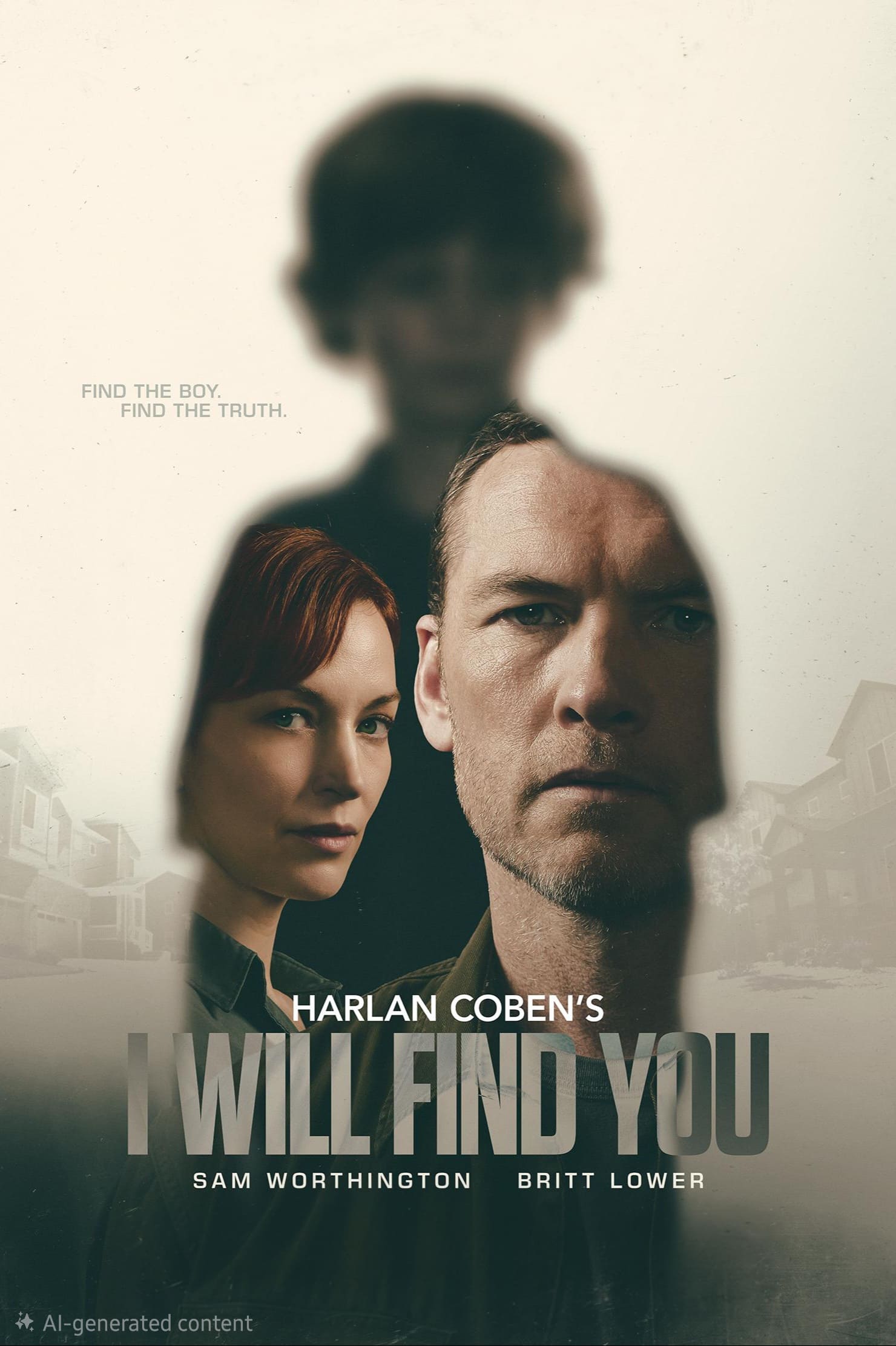 A movie poster shows two serious adults inside the silhouette of a boy. The text reads: Harlan Coben’s I WILL FIND YOU. In smaller text: Find the boy. Find the truth. Cast names: Sam Worthington, Britt Lower. Stream this gripping mystery now on Nordic IPTV.