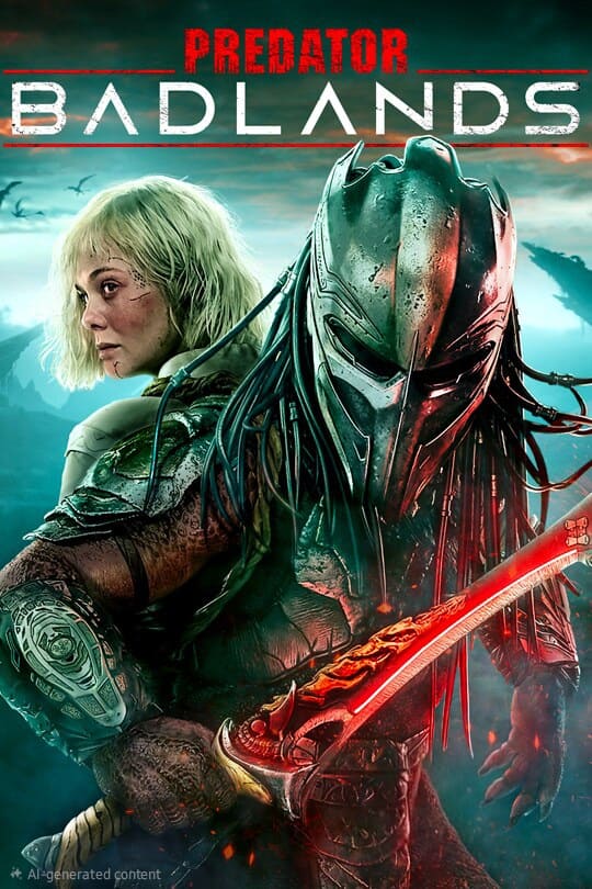 A woman stands back-to-back with a menacing armored alien holding a glowing red weapon. The image features the text “PREDATOR BADLANDS” at the top, giving it an intense, cinematic vibe perfect for fans streaming action-packed movies on Nordic IPTV. Misty mountains and trees are in the background.