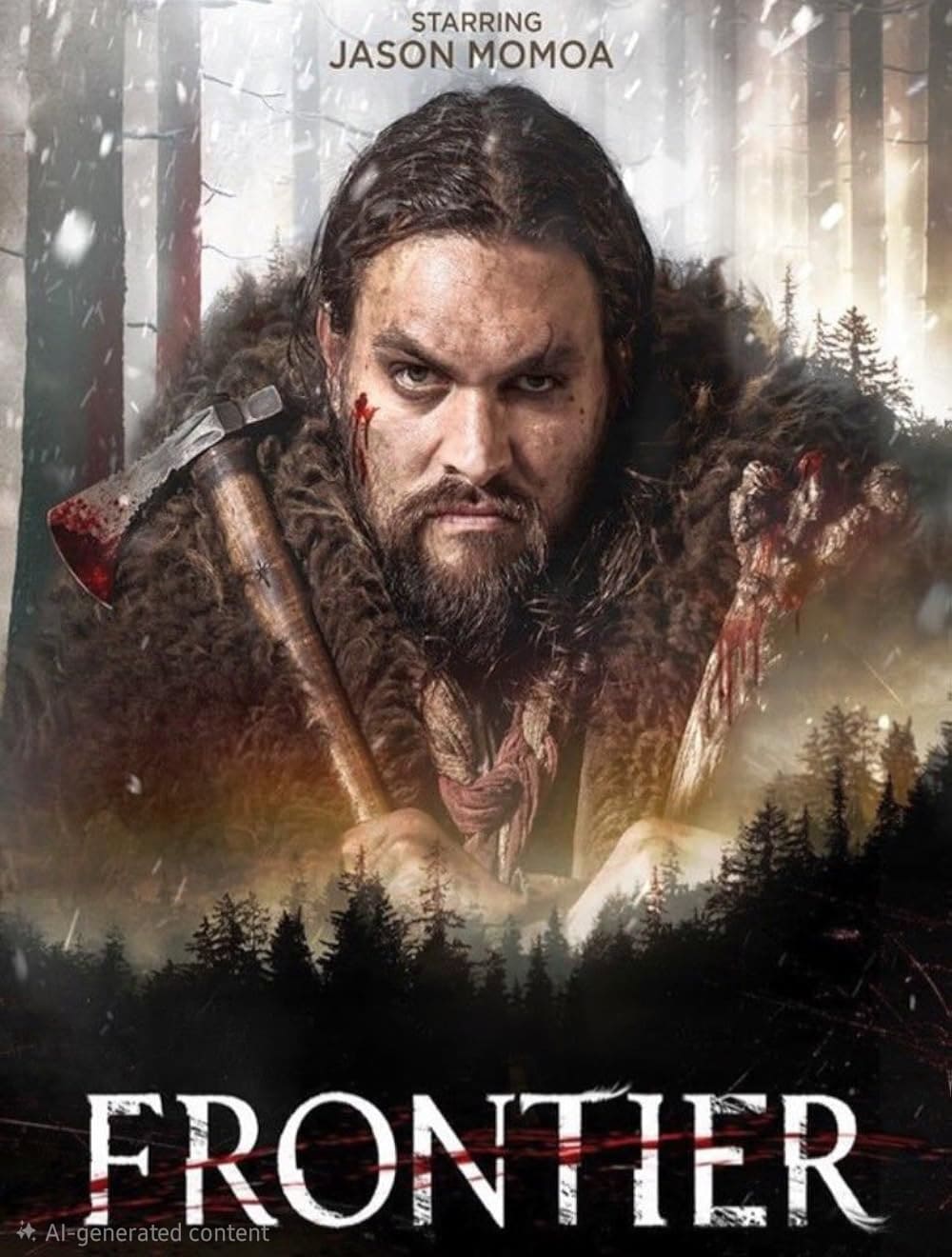 A fierce man in furs holds an axe with blood on his face. Snow falls in a dark forest, setting the stage for Nordic IPTV adventure. The text reads Starring Jason Momoa and FRONTIER.