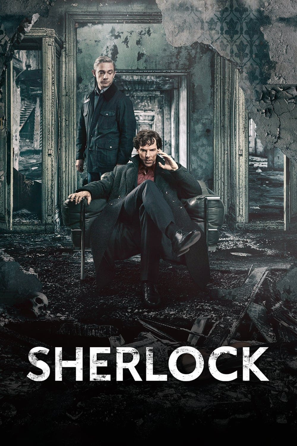 Two men in dark clothing pose in a ruined, abandoned building. One sits confidently in a chair, while the other stands behind him. The word Sherlock is written at the bottom in bold white letters, evoking the intrigue of a Nordic IPTV crime drama.
