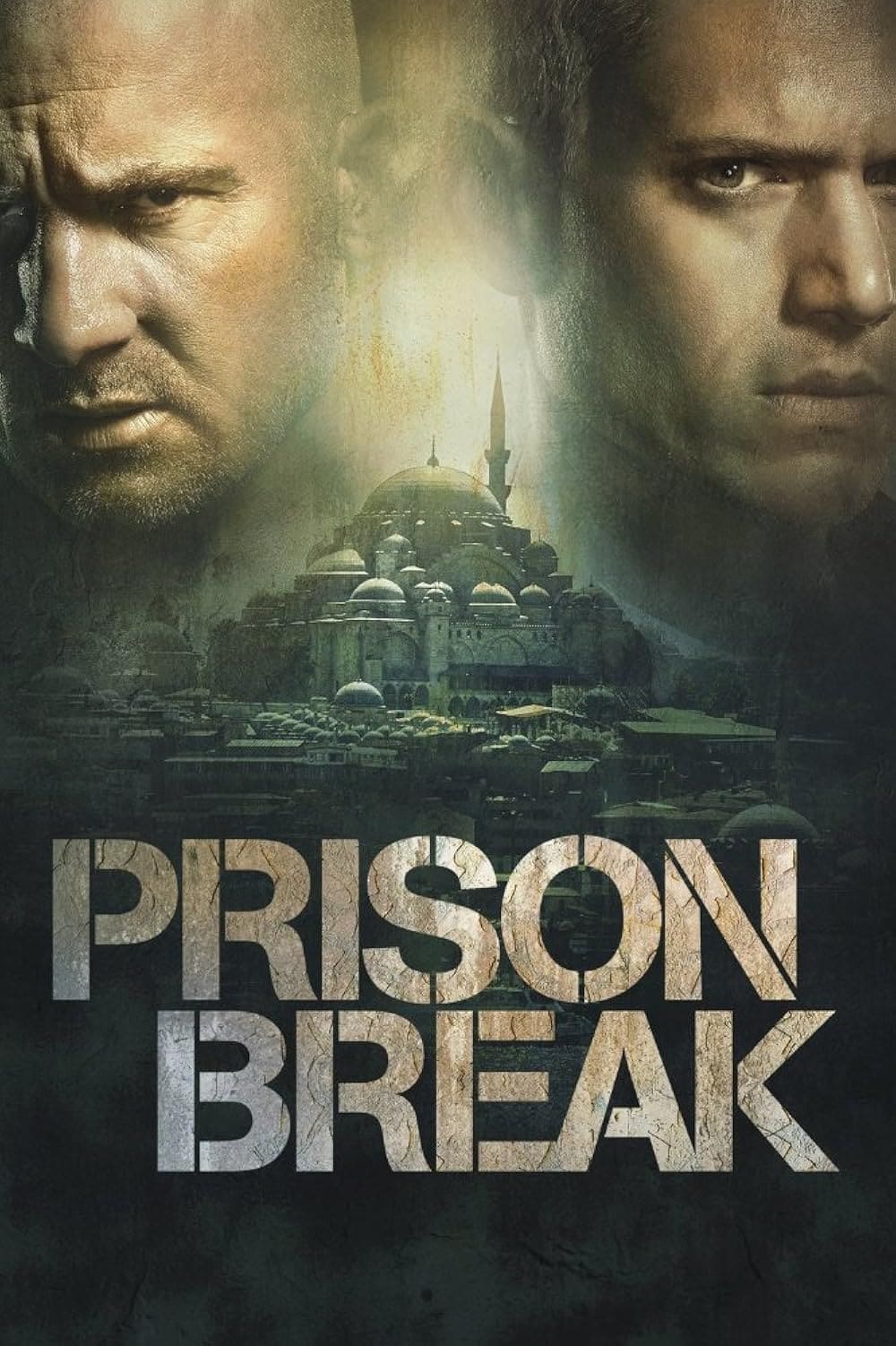 Two serious mens faces appear above an old city with domed buildings. The words Prison Break are boldly written at the bottom, suggesting a dramatic and intense theme—perfect for viewers streaming on Nordic IPTV.