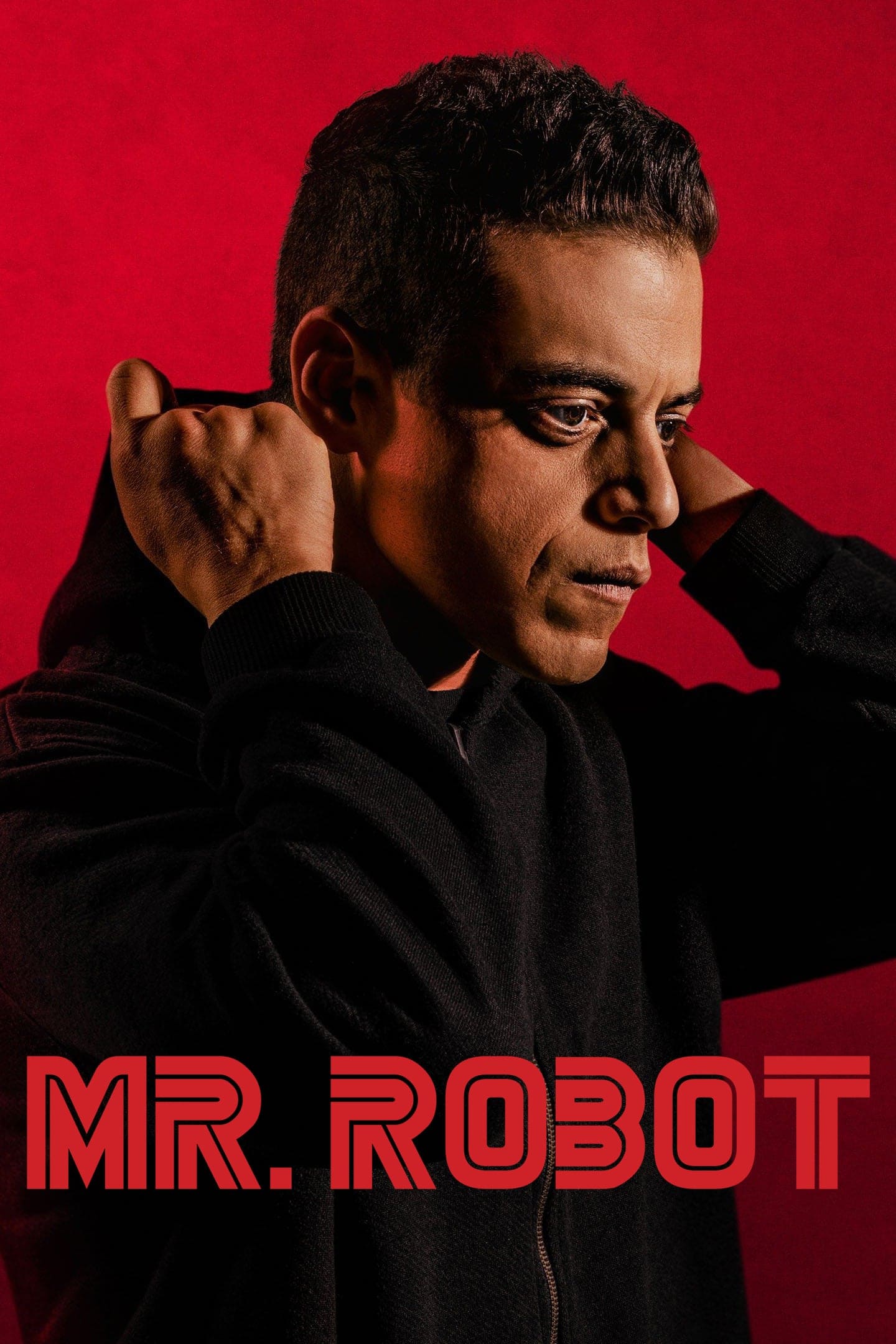 A man in a black hoodie adjusts the hood against a red background. Bold red text at the bottom reads MR. ROBOT, evoking the edgy vibe of Nordic IPTV thrillers.