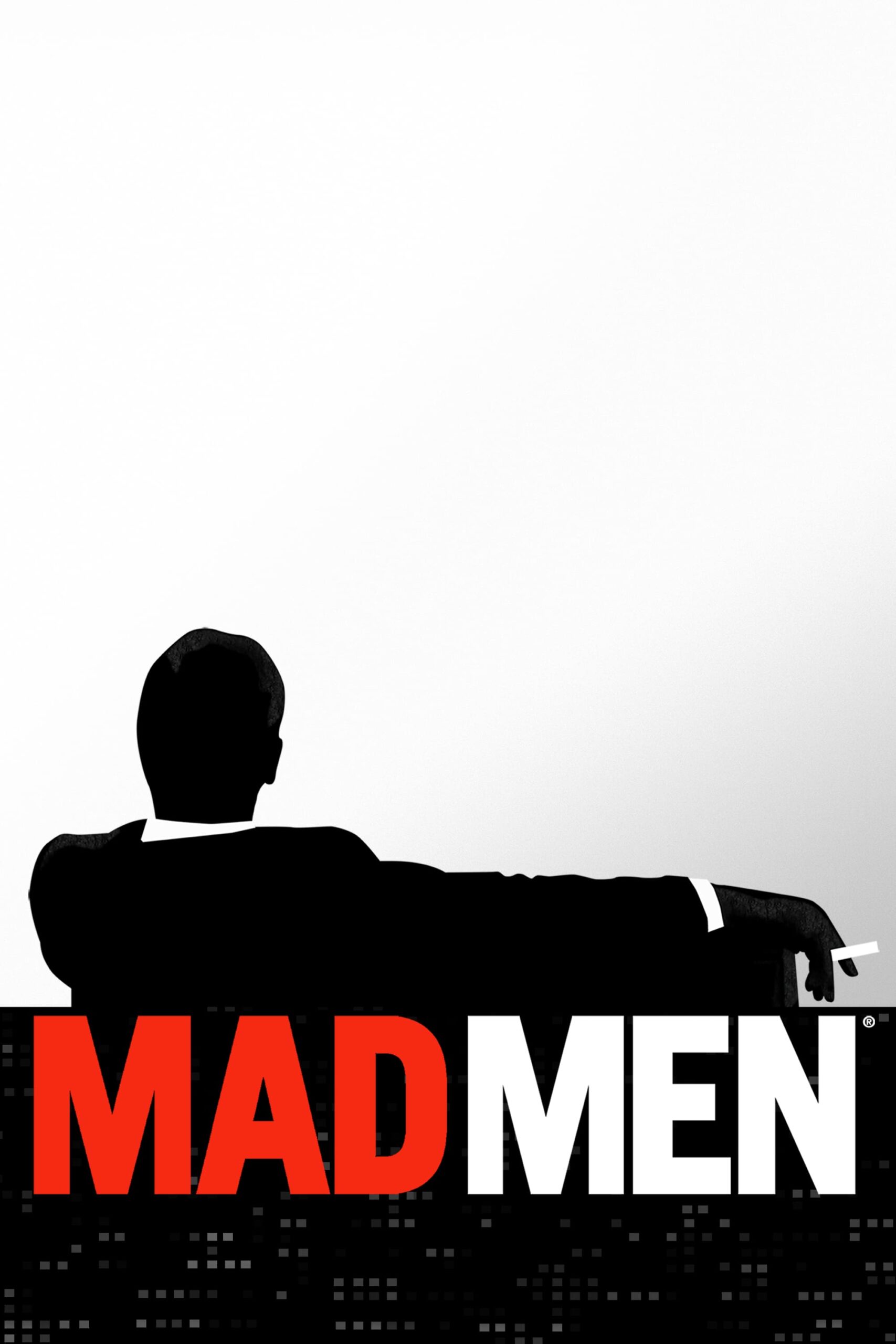 Silhouette of a man in a suit sitting with one arm draped over a couch, holding a cigarette. MAD MEN is written below, with MAD in bold red and MEN in white. In the mostly white background, sleek Nordic IPTV-inspired minimalism adds a modern touch to the classic scene.