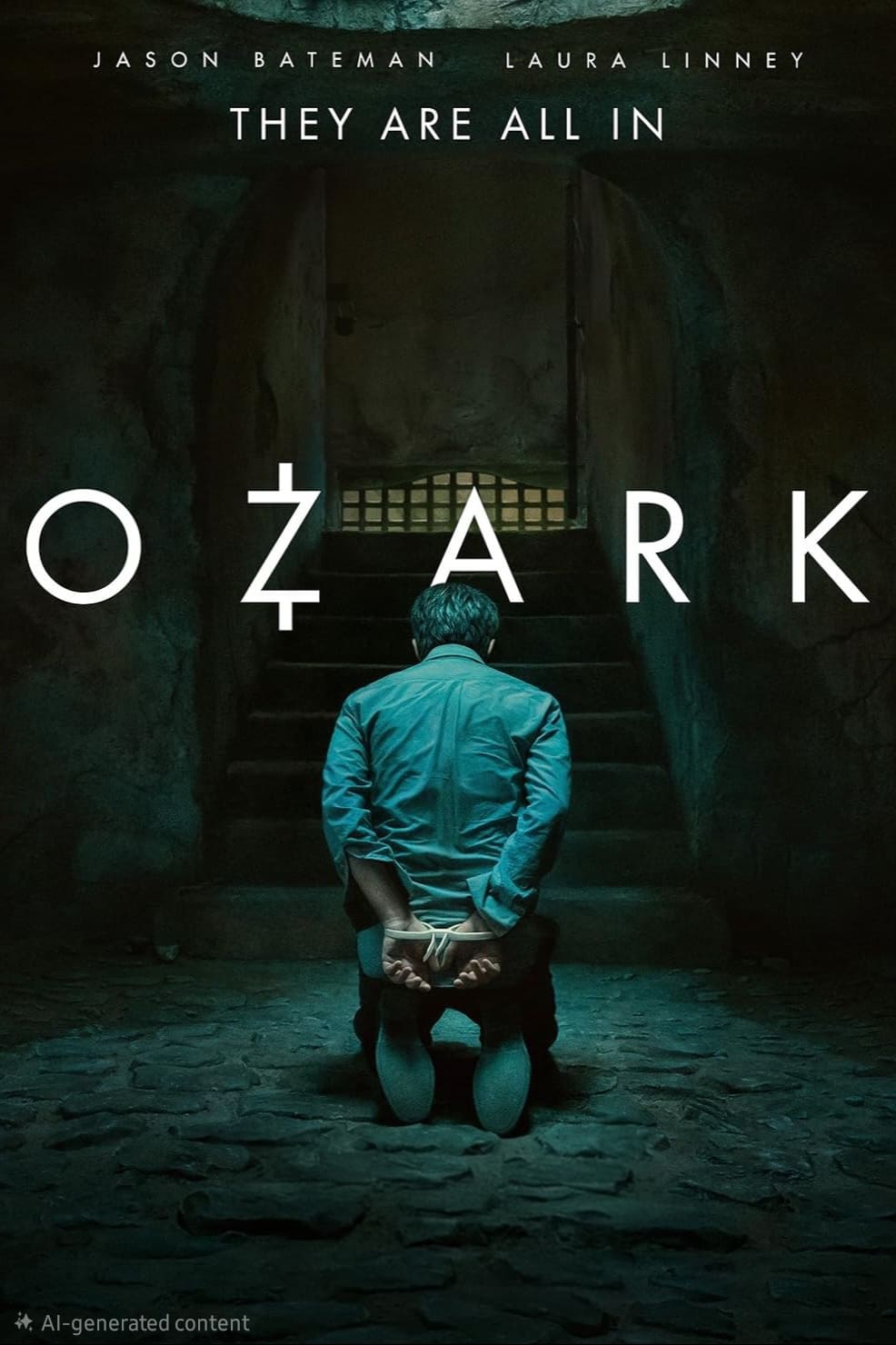 A man kneels with hands tied behind his back in a dimly lit cell. Large text reads OZARK above him, with smaller text listing Jason Bateman and Laura Linney and the phrase They are all in. The gripping scene cuts even deeper, drawing you into the drama like only Nordic IPTV can deliver.