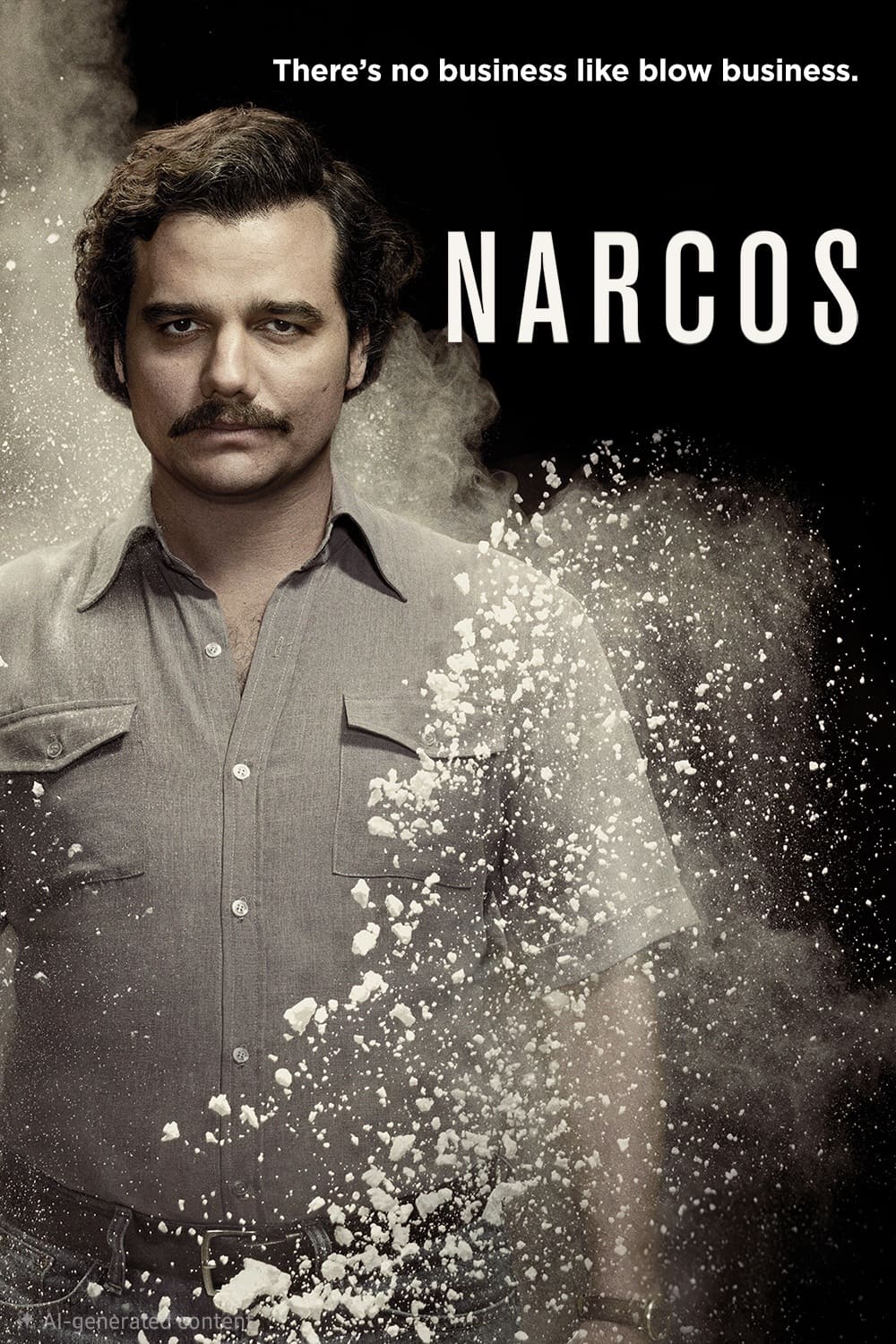 A man with a mustache stands amid a cloud of white powder, with the word NARCOS and the phrase “There’s no business like blow business” above him on a dark background, reminiscent of the gritty drama you’d expect to stream on Nordic IPTV.
